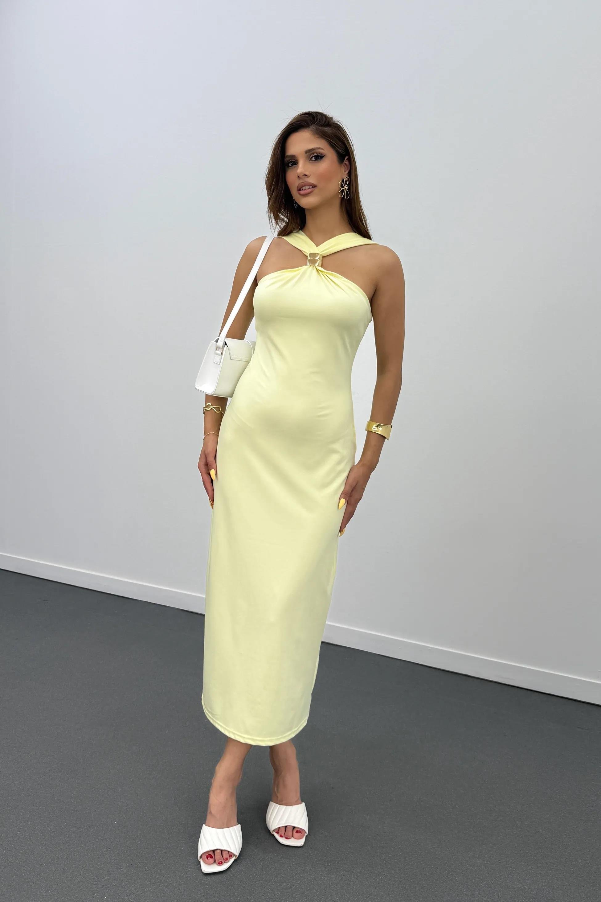 Gabrini Sarı Gold Toka Detaylı Kalem Elbise