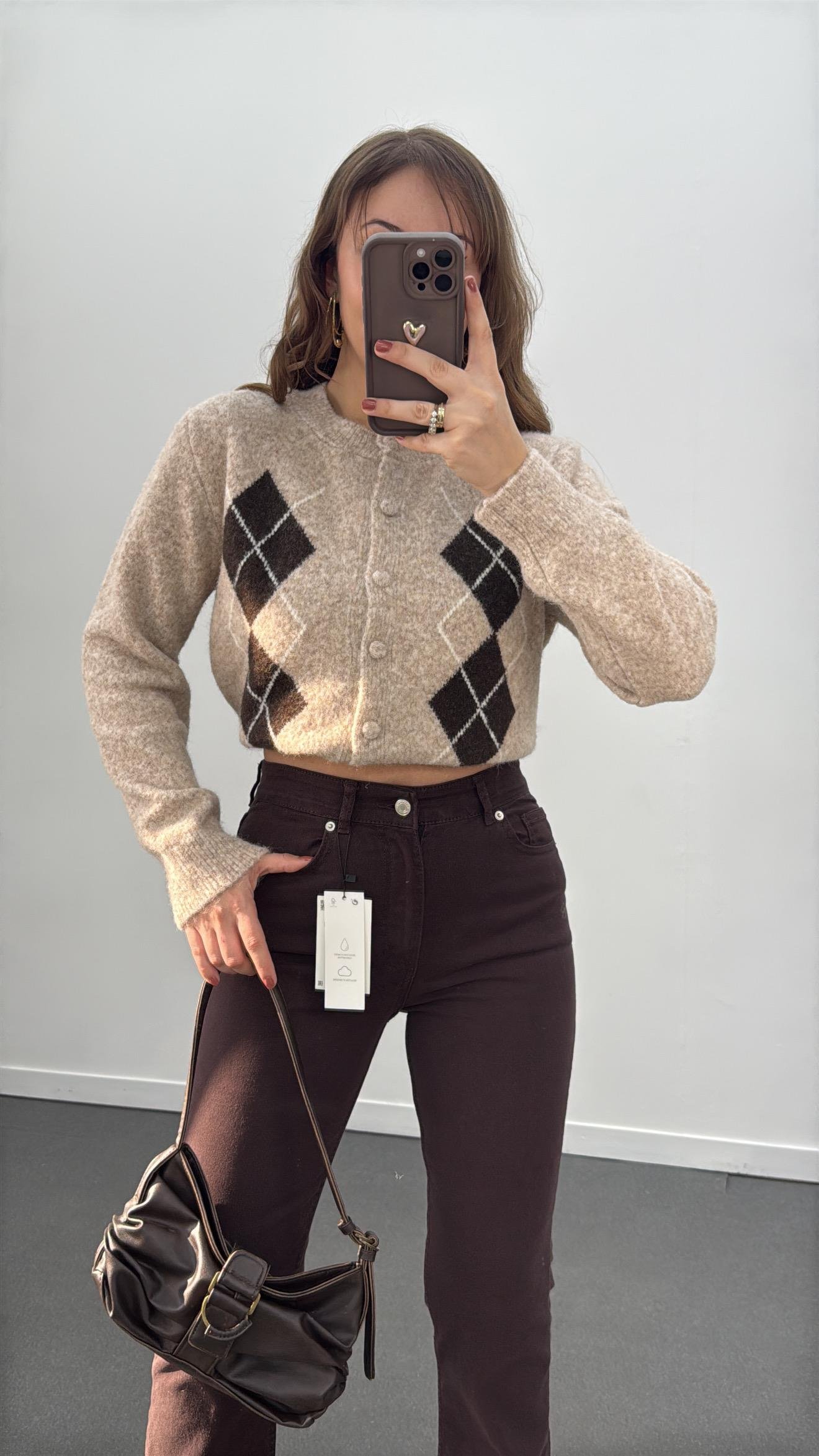 Gemma Bej Kahve Baklava Desenli Premium Triko