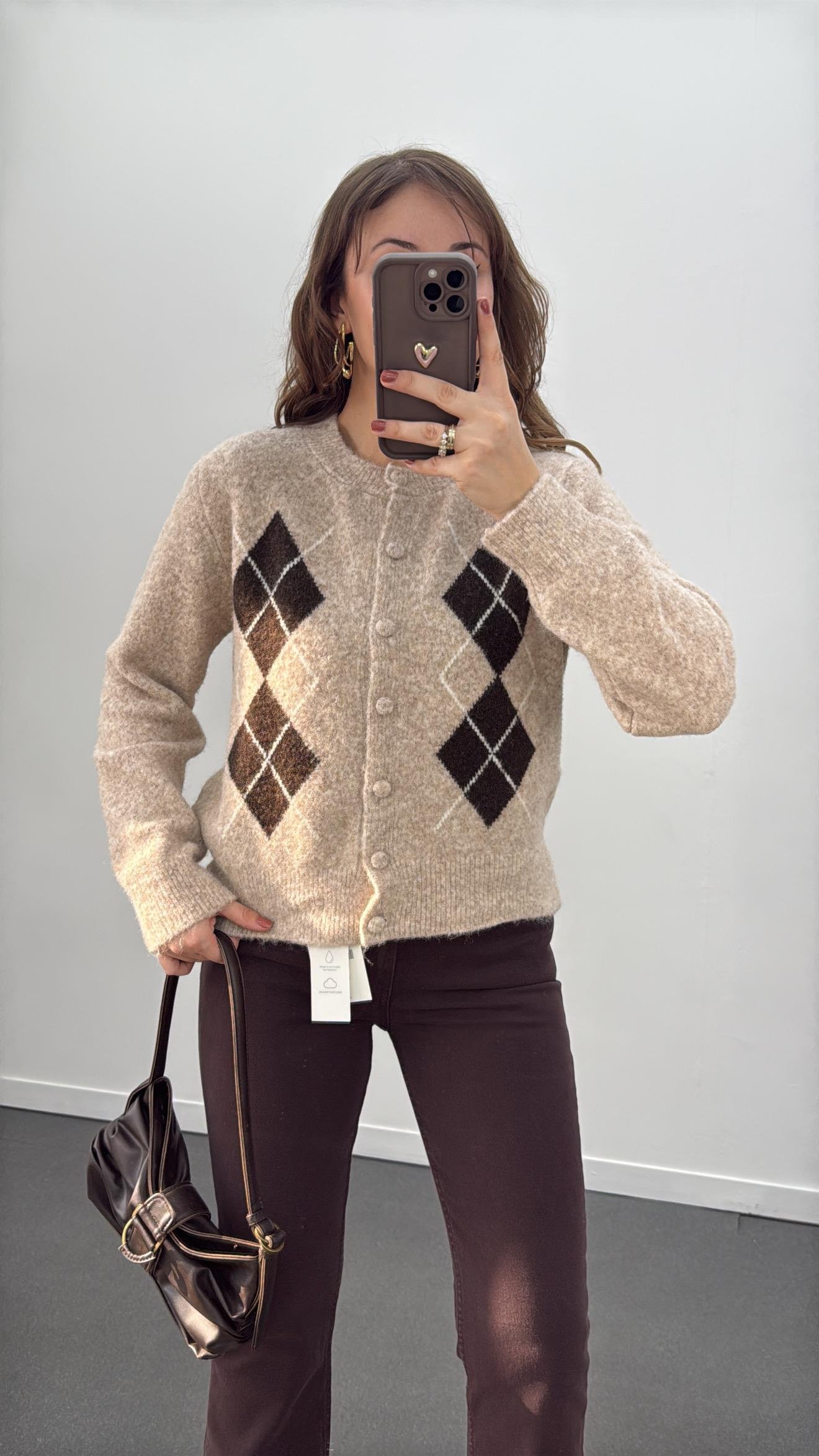 Gemma Bej Kahve Baklava Desenli Premium Triko