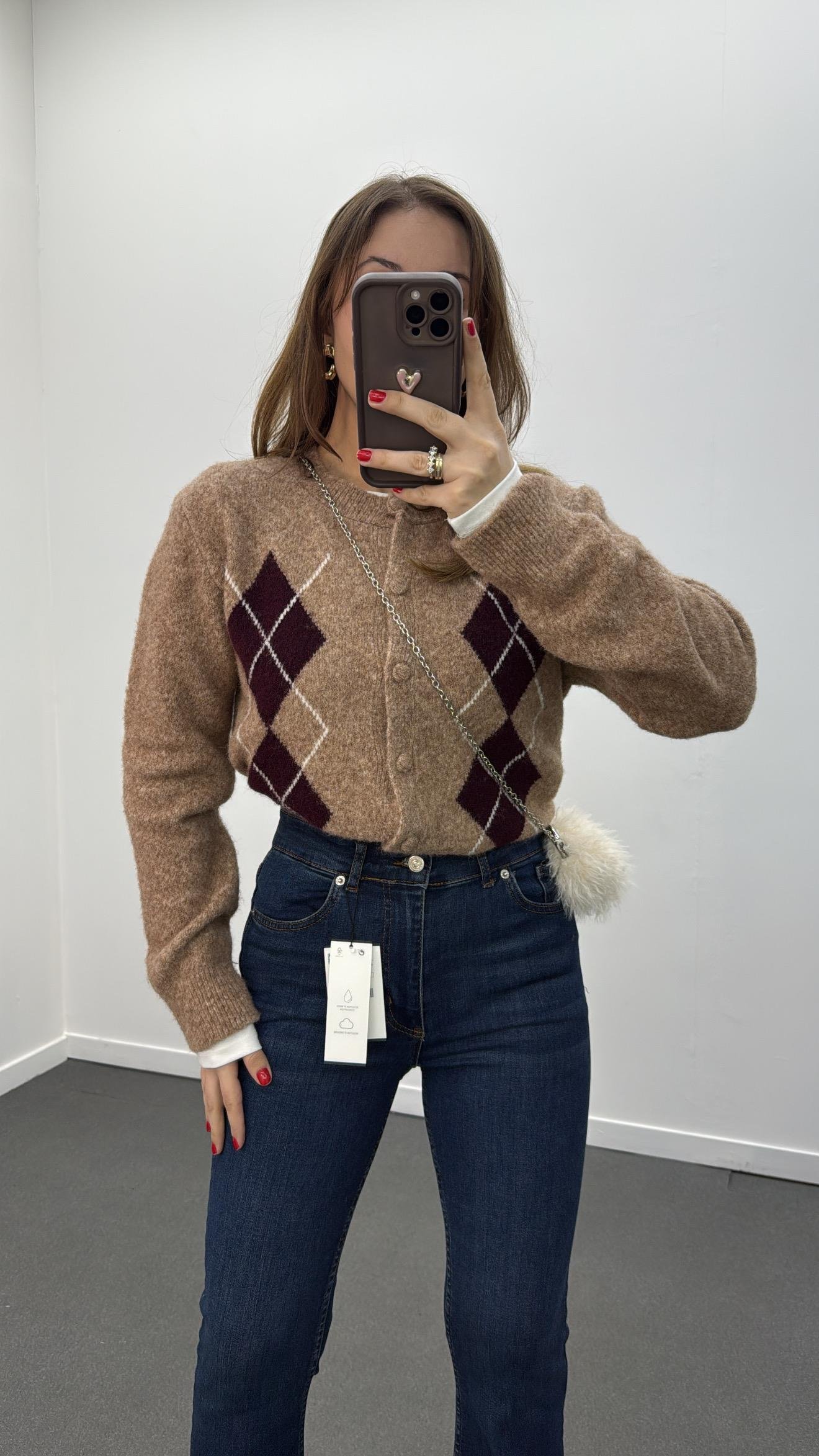 Gemma Kahve Bordo Baklava Desenli Premium Triko