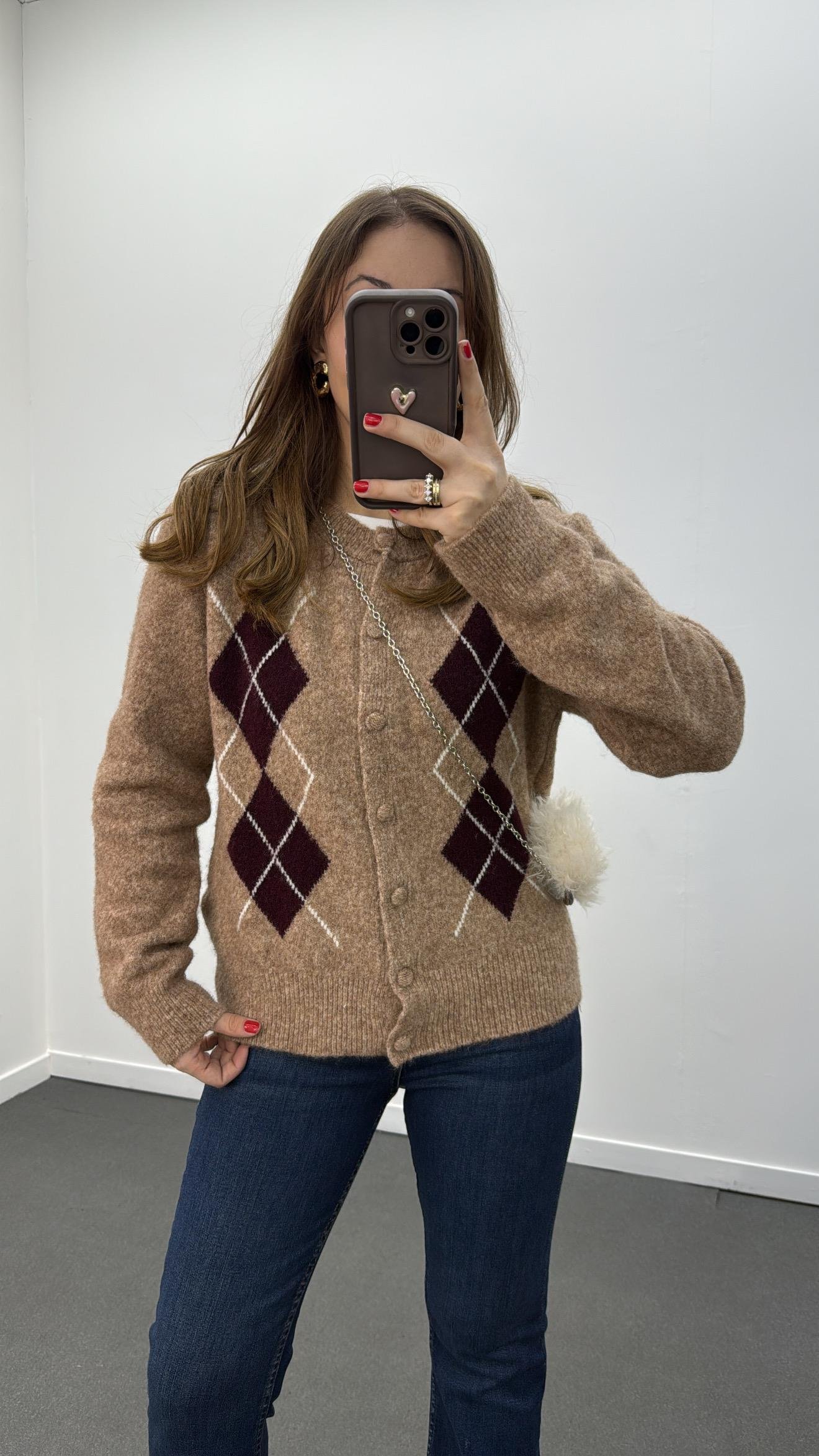 Gemma Kahve Bordo Baklava Desenli Premium Triko