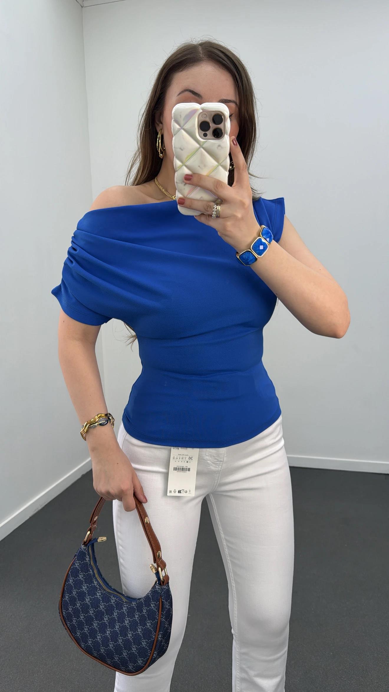 Gilda Saks Mavi Drapeli Tek Omuz Bluz