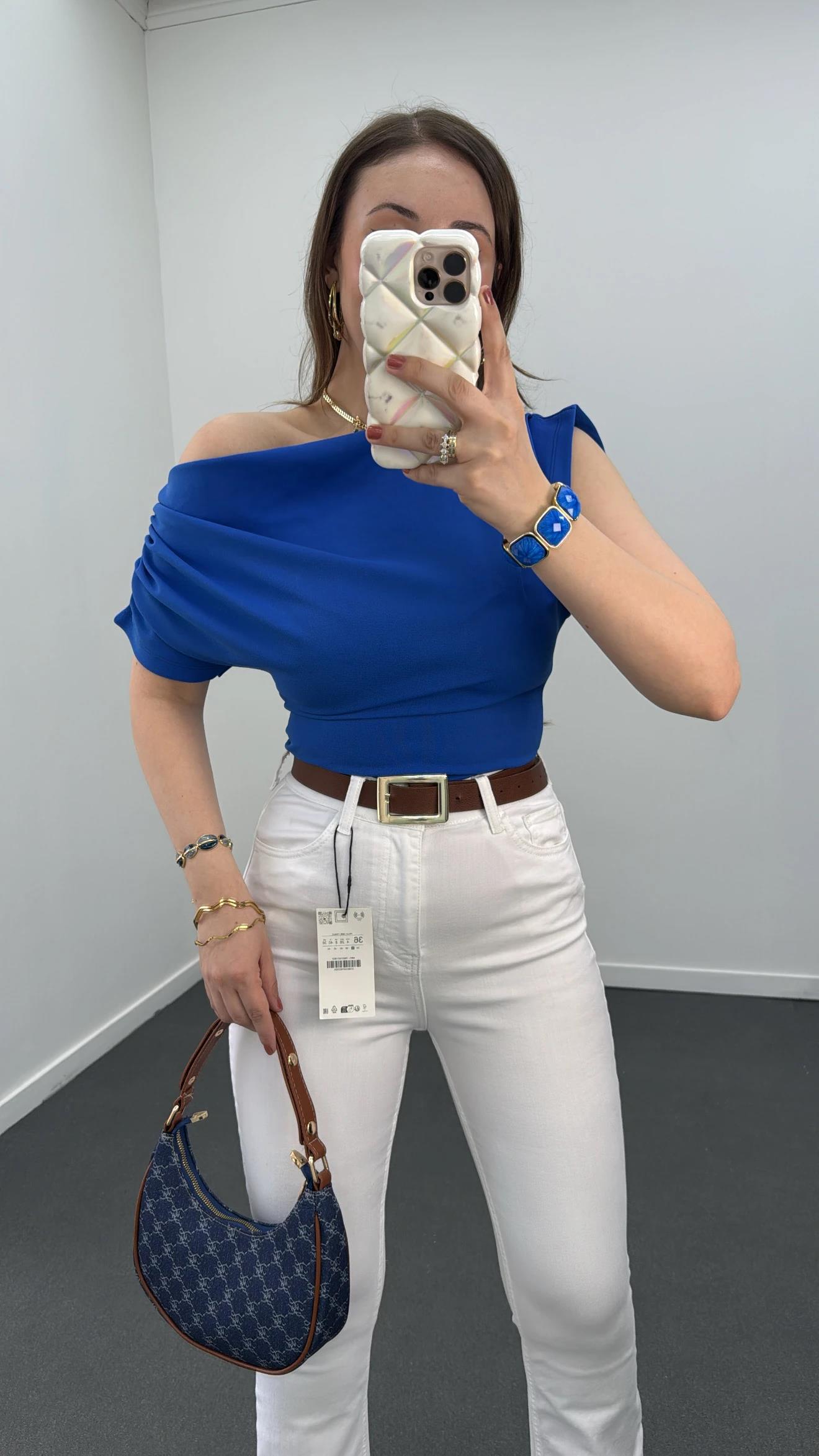 Gilda Saks Mavi Drapeli Tek Omuz Bluz