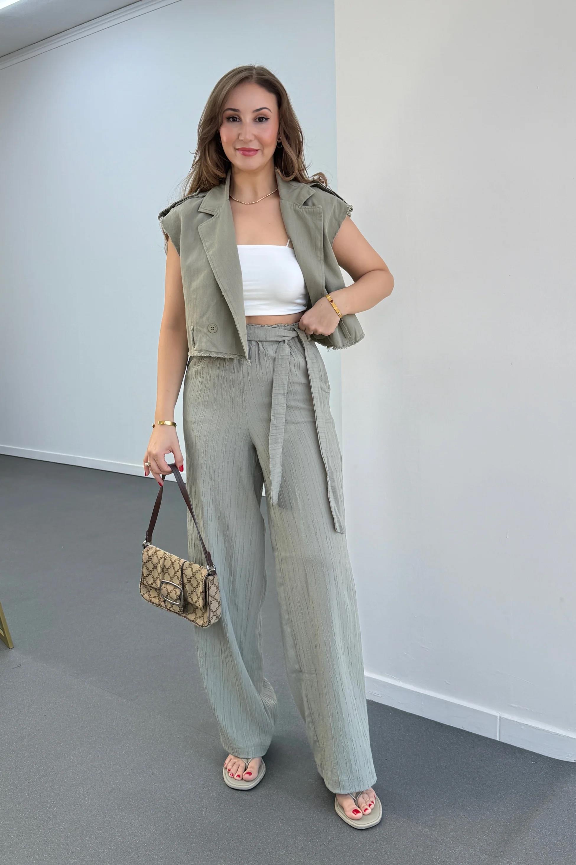 Grace Haki Beli Lastikli Müslin Kumaş Pantolon