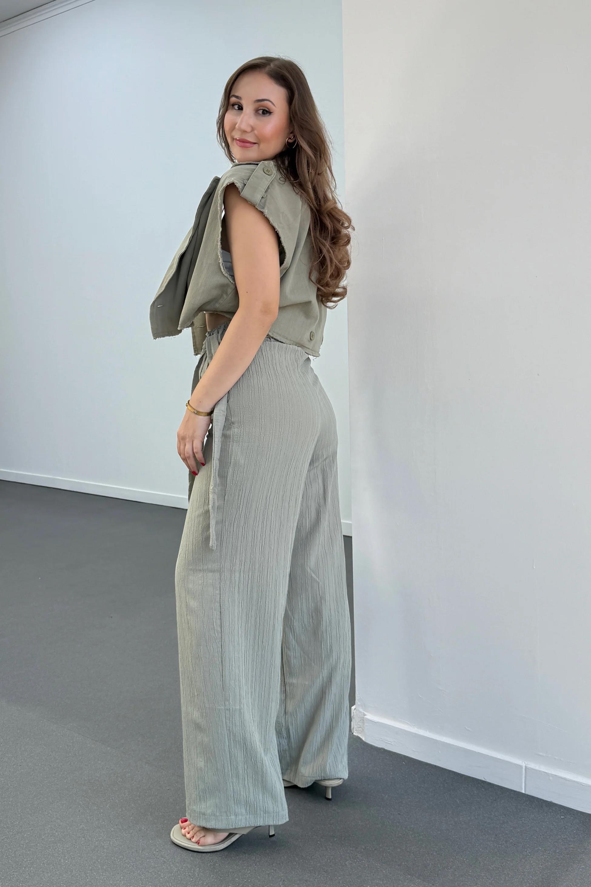 Grace Haki Beli Lastikli Müslin Kumaş Pantolon