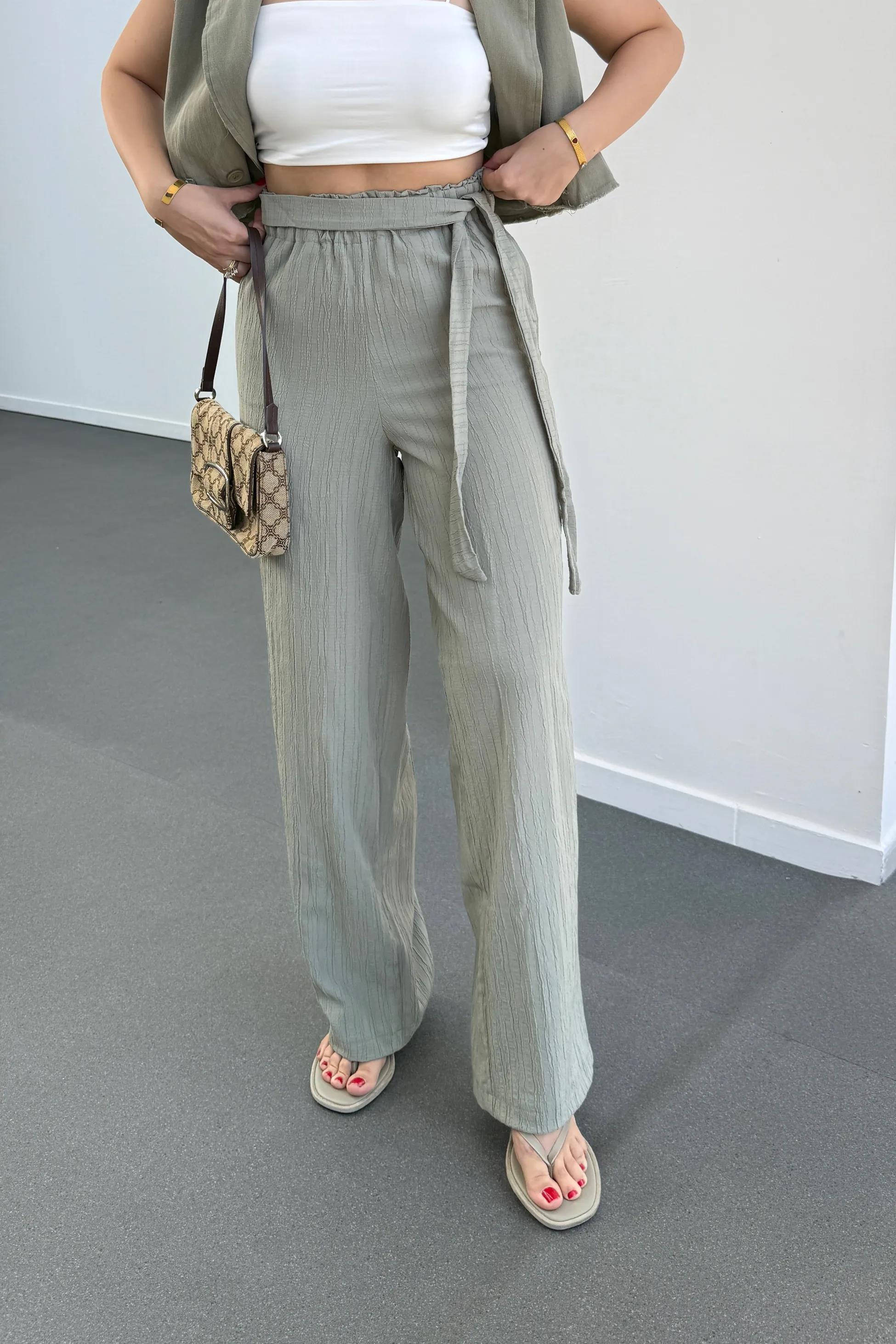 Grace Haki Beli Lastikli Müslin Kumaş Pantolon