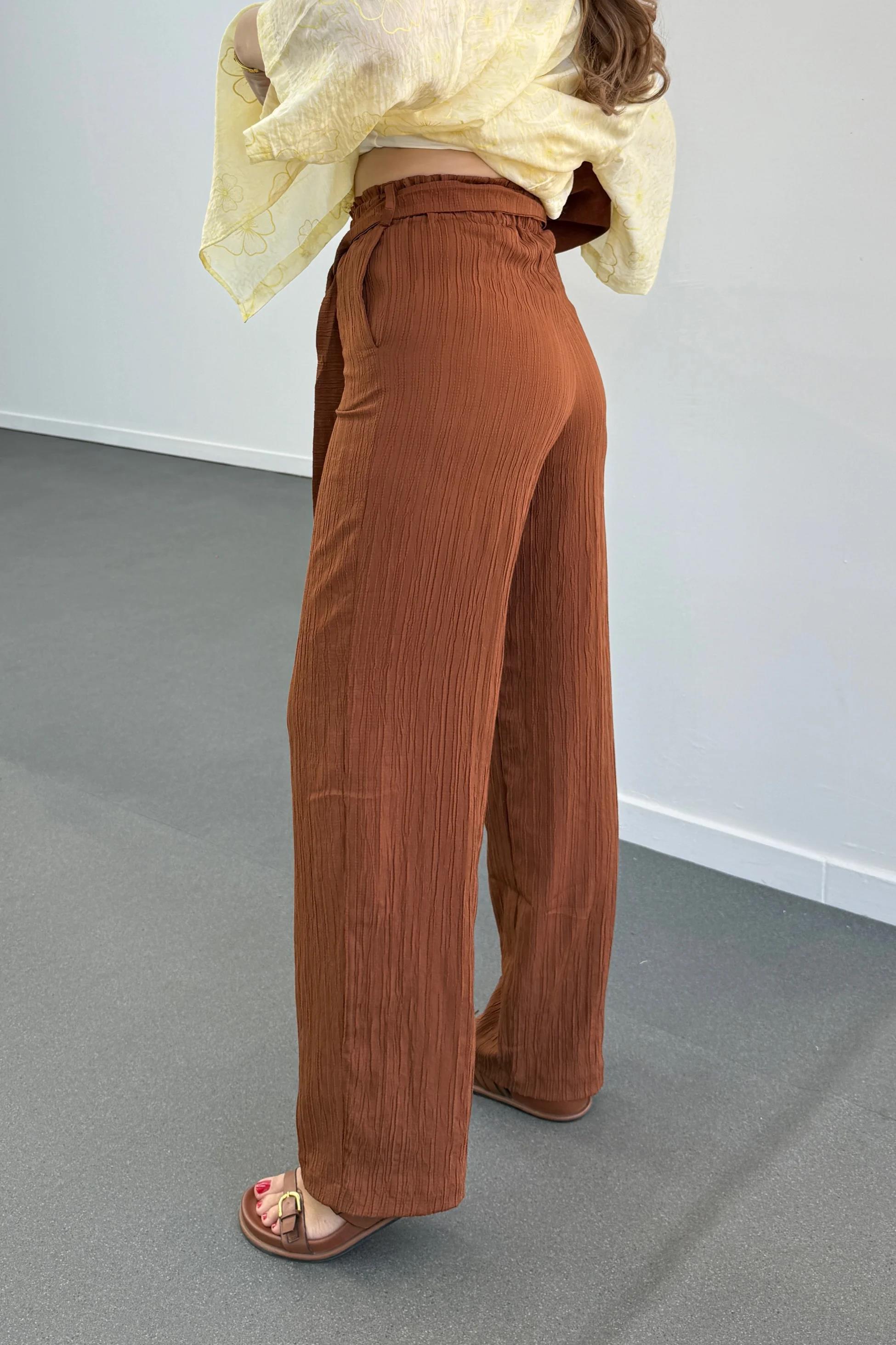 Grace Kiremit Beli Lastikli Müslin Kumaş Pantolon