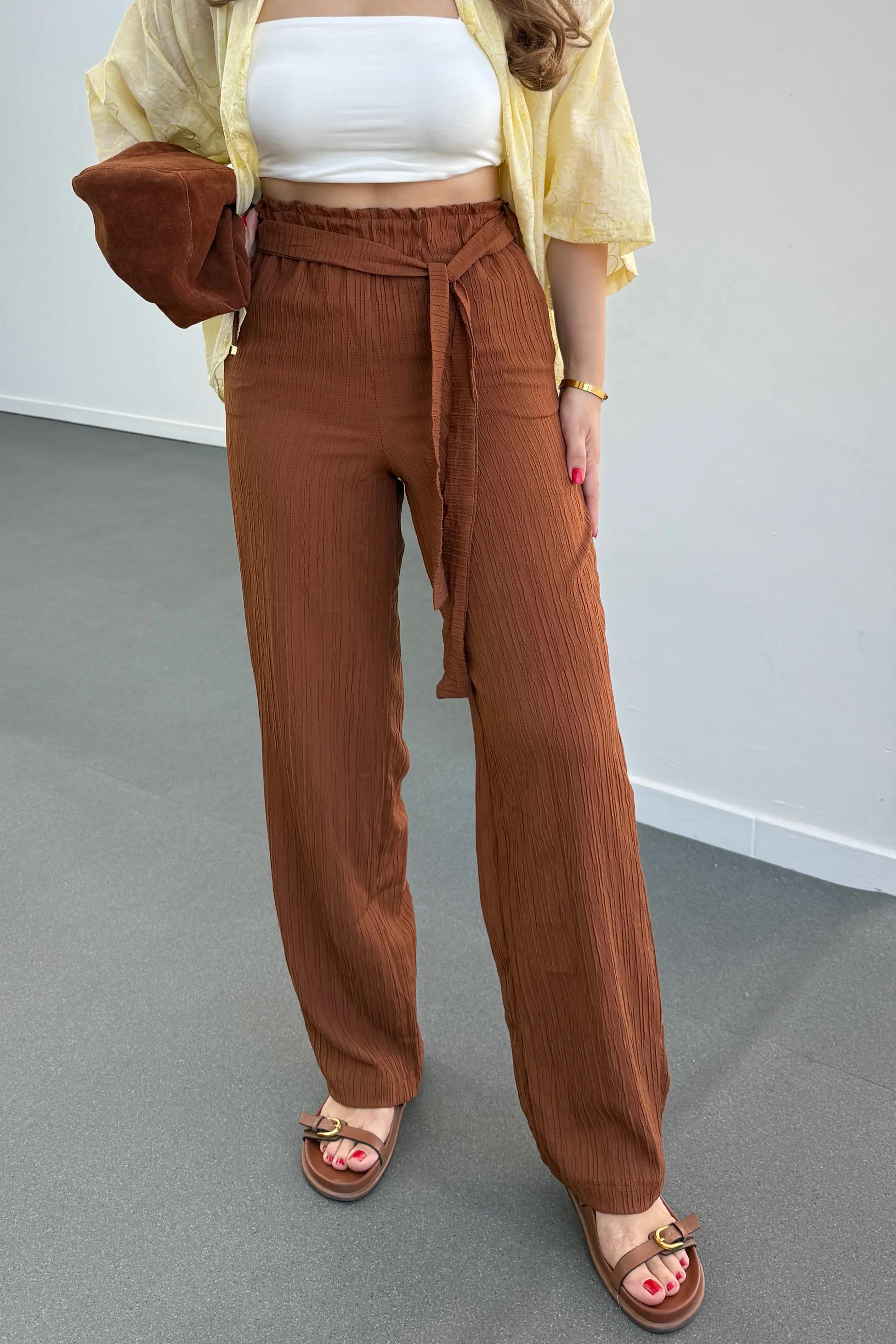 Grace Kiremit Beli Lastikli Müslin Kumaş Pantolon