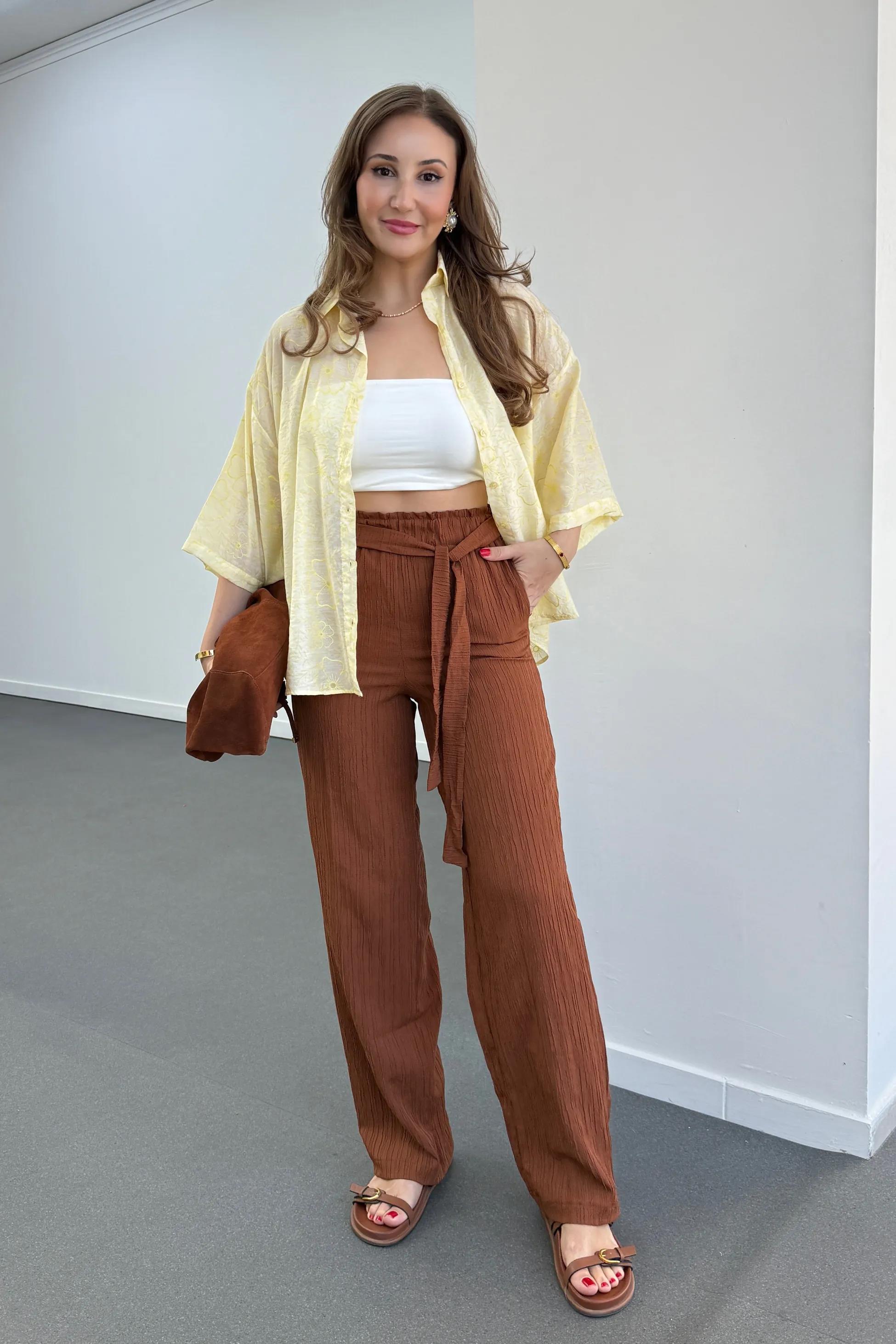 Grace Kiremit Beli Lastikli Müslin Kumaş Pantolon