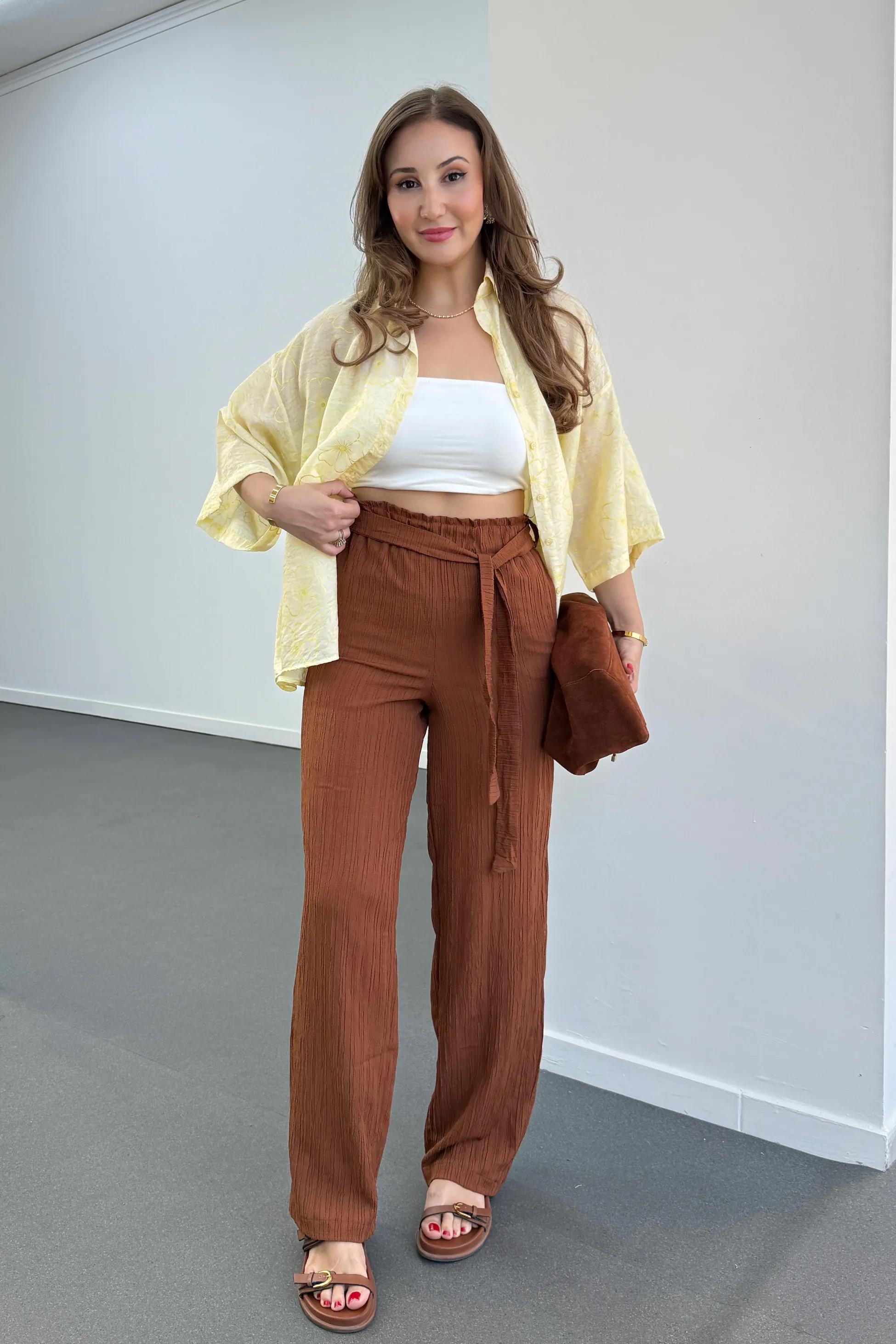 Grace Kiremit Beli Lastikli Müslin Kumaş Pantolon