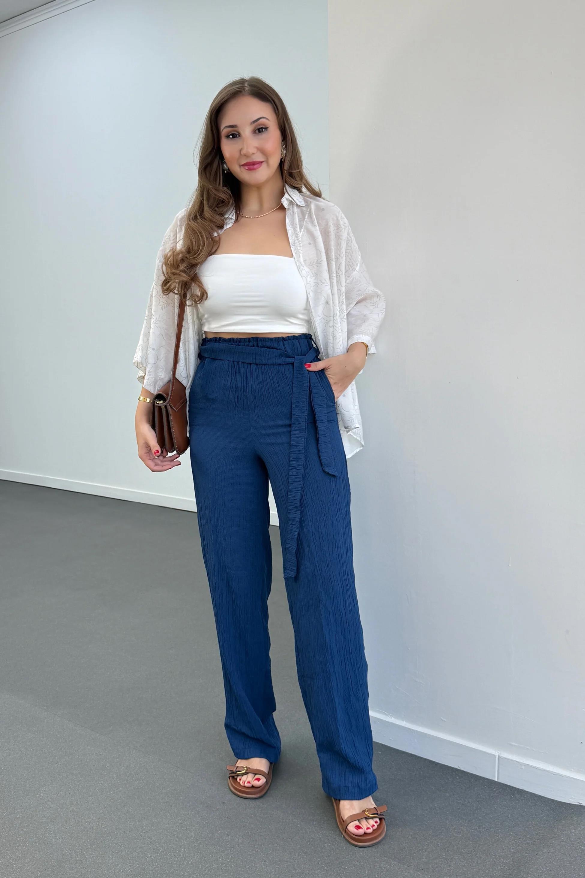 Grace Lacivert Beli Lastikli Müslin Kumaş Pantolon