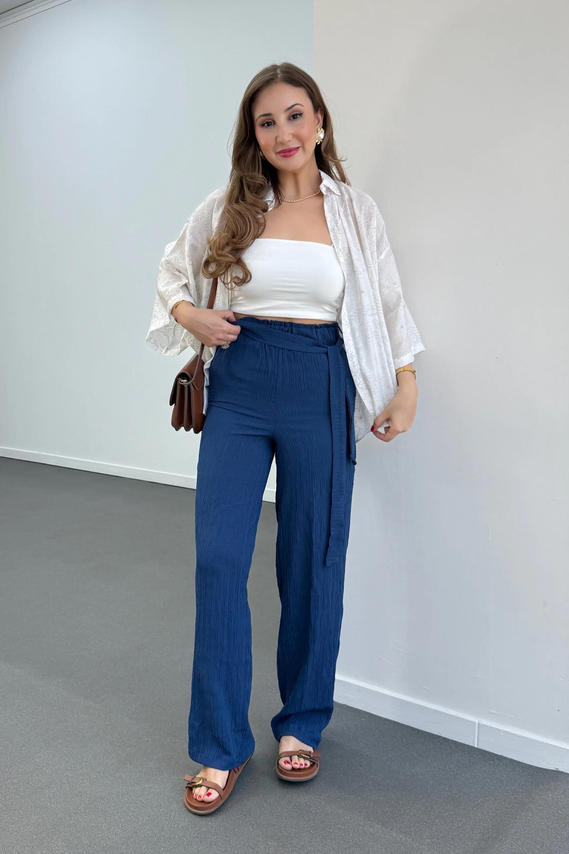 Grace Lacivert Beli Lastikli Müslin Kumaş Pantolon