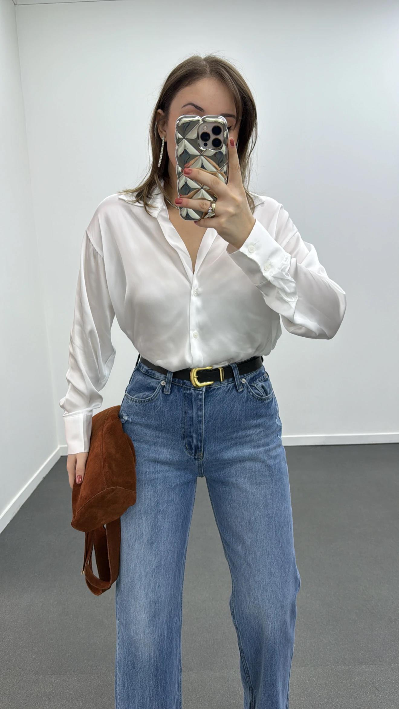 Gustavo Beyaz Saten Görünümlü Gömlek