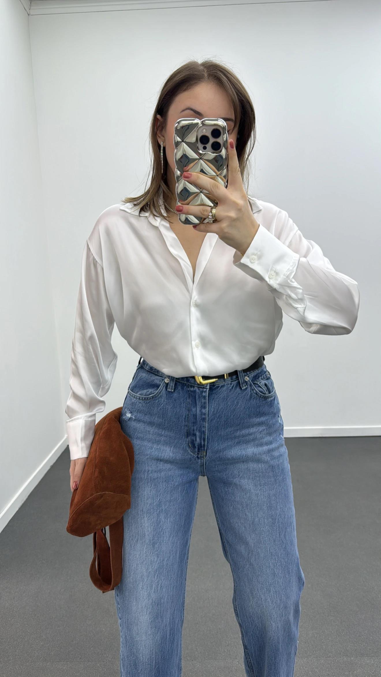 Gustavo Beyaz Saten Görünümlü Gömlek