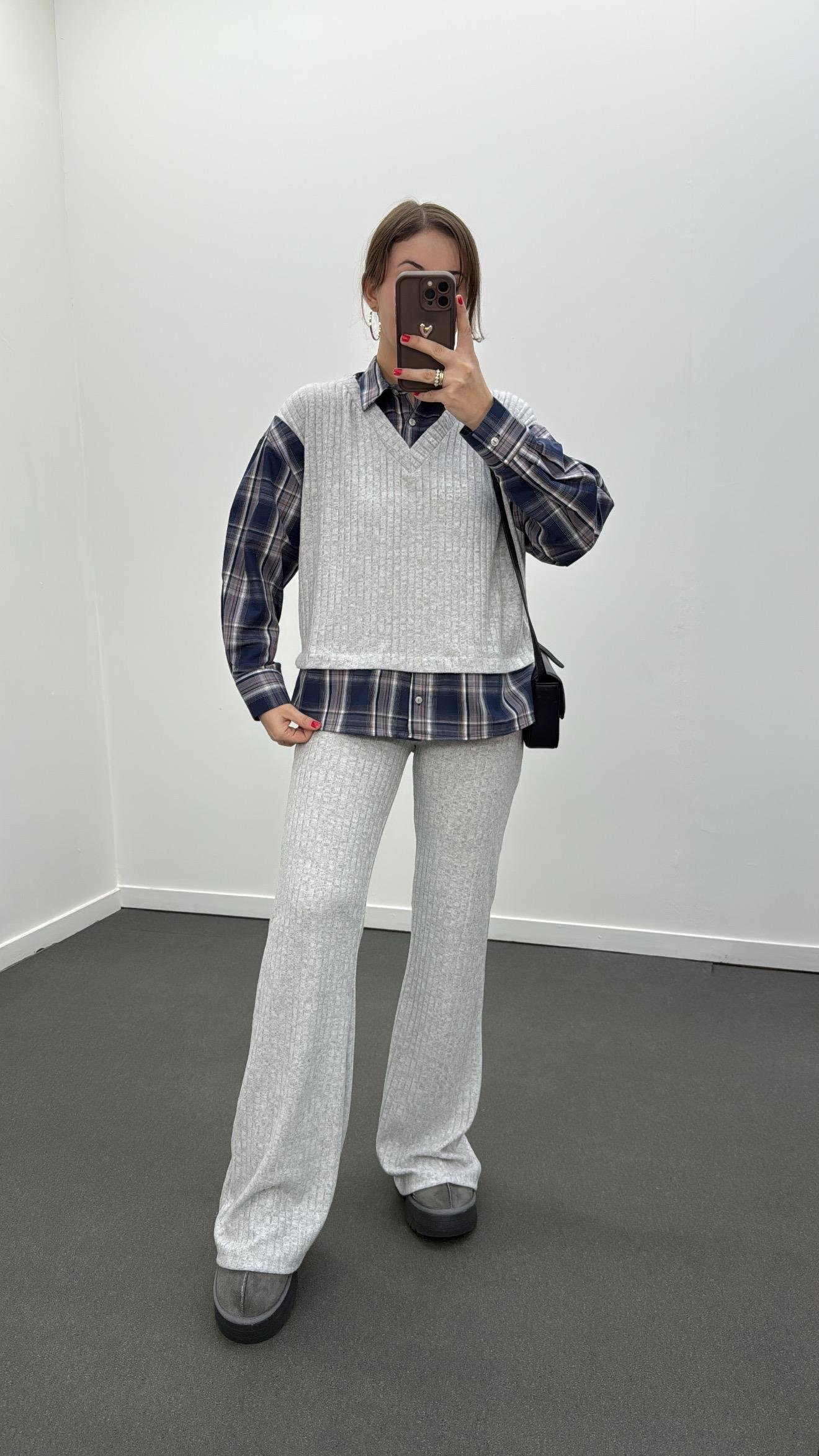 Hamburg Açık Melanj Lacivert  Gömlek Ve Triko Pantolon Takımı