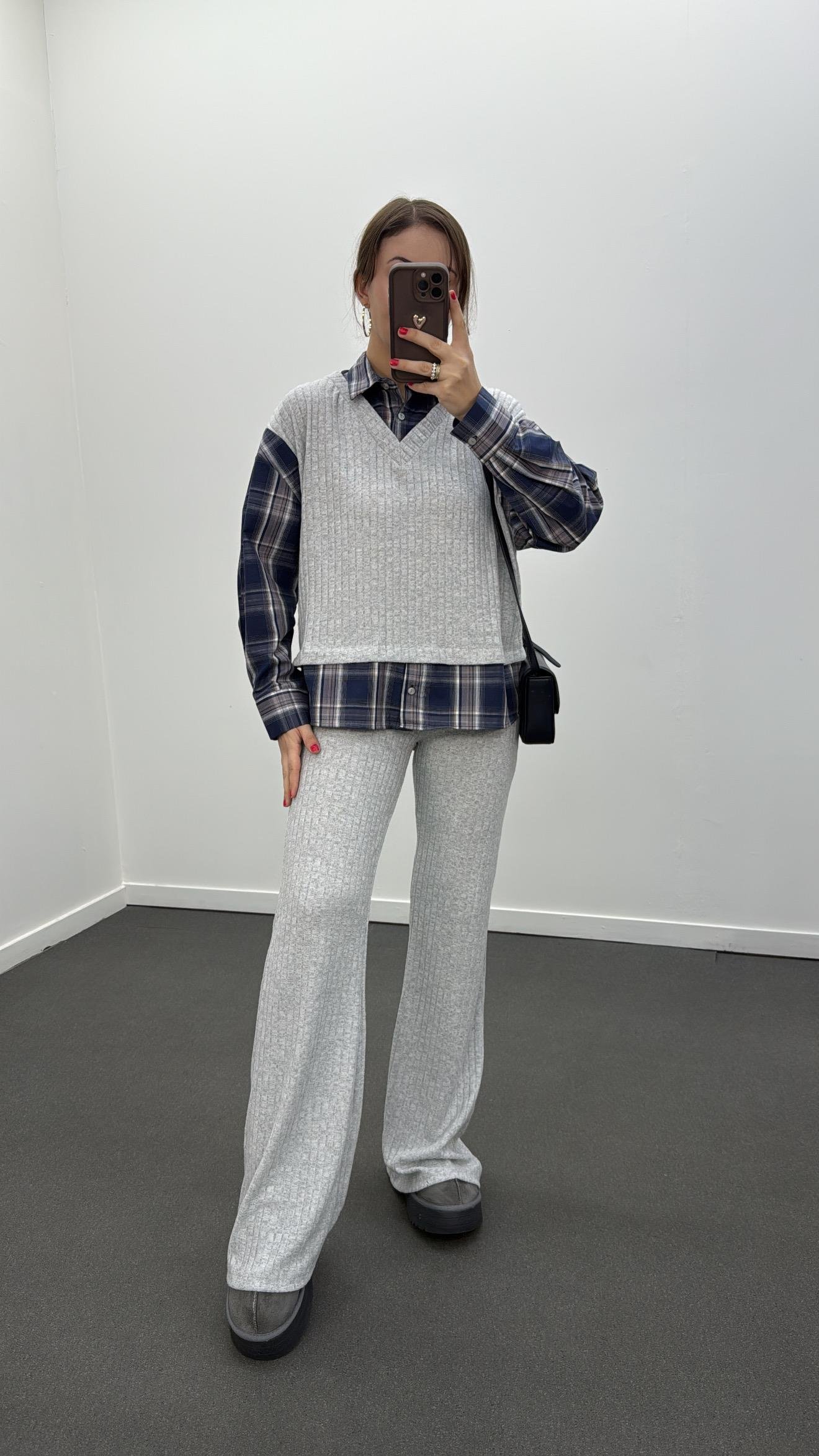 Hamburg Açık Melanj Lacivert  Gömlek Ve Triko Pantolon Takımı