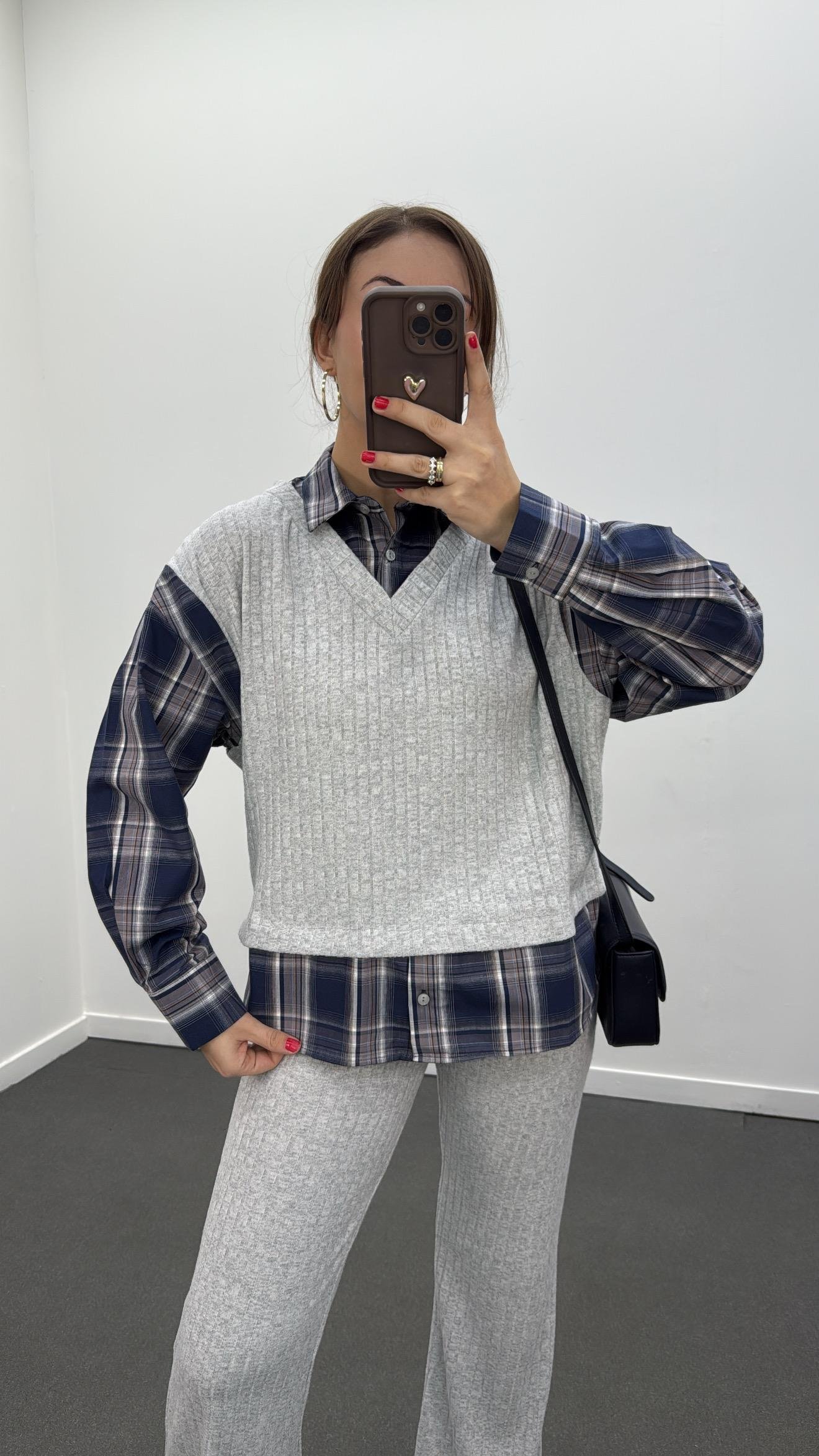 Hamburg Açık Melanj Lacivert  Gömlek Ve Triko Pantolon Takımı