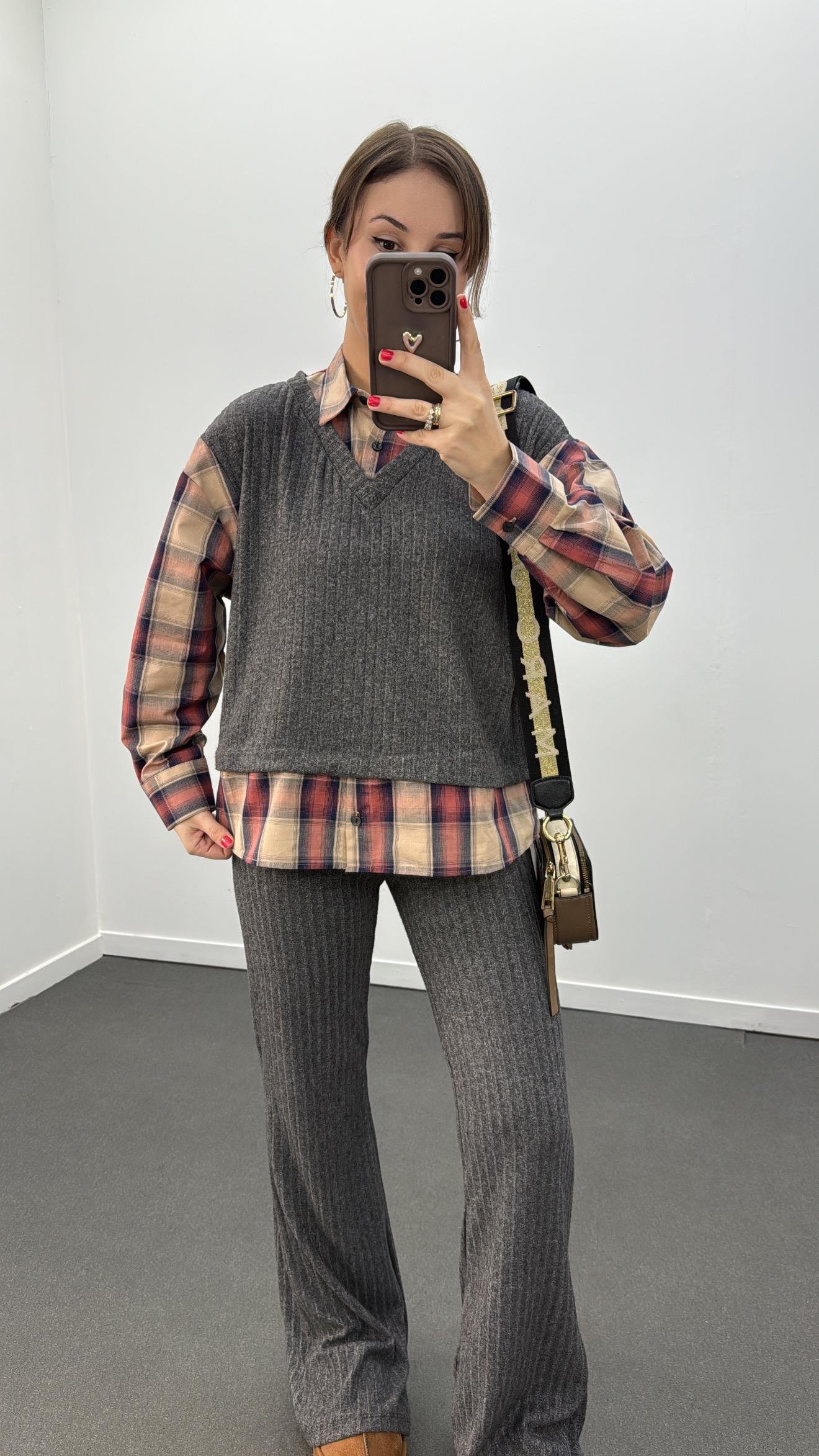 Hamburg Bordo Haki Gömlek Ve Triko Pantolon Takımı