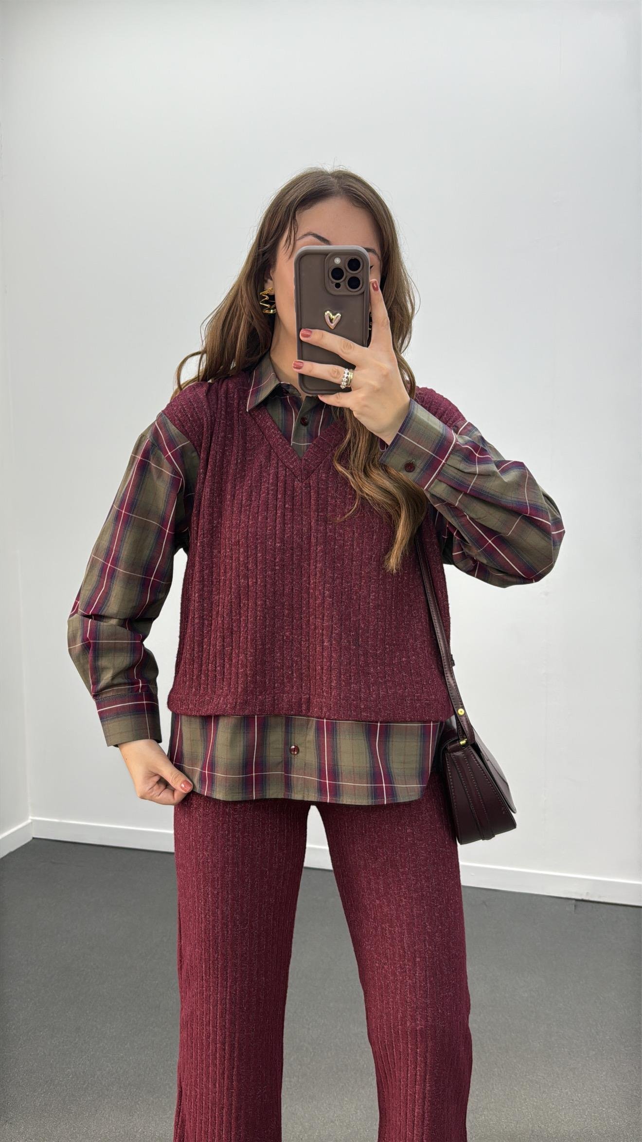 Hamburg Bordo Haki Gömlek Ve Triko Pantolon Takımı