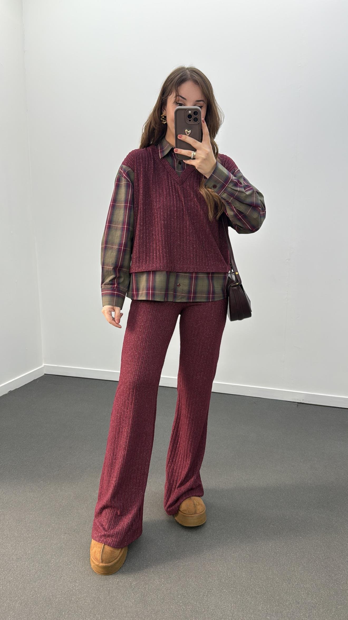 Hamburg Bordo Haki Gömlek Ve Triko Pantolon Takımı