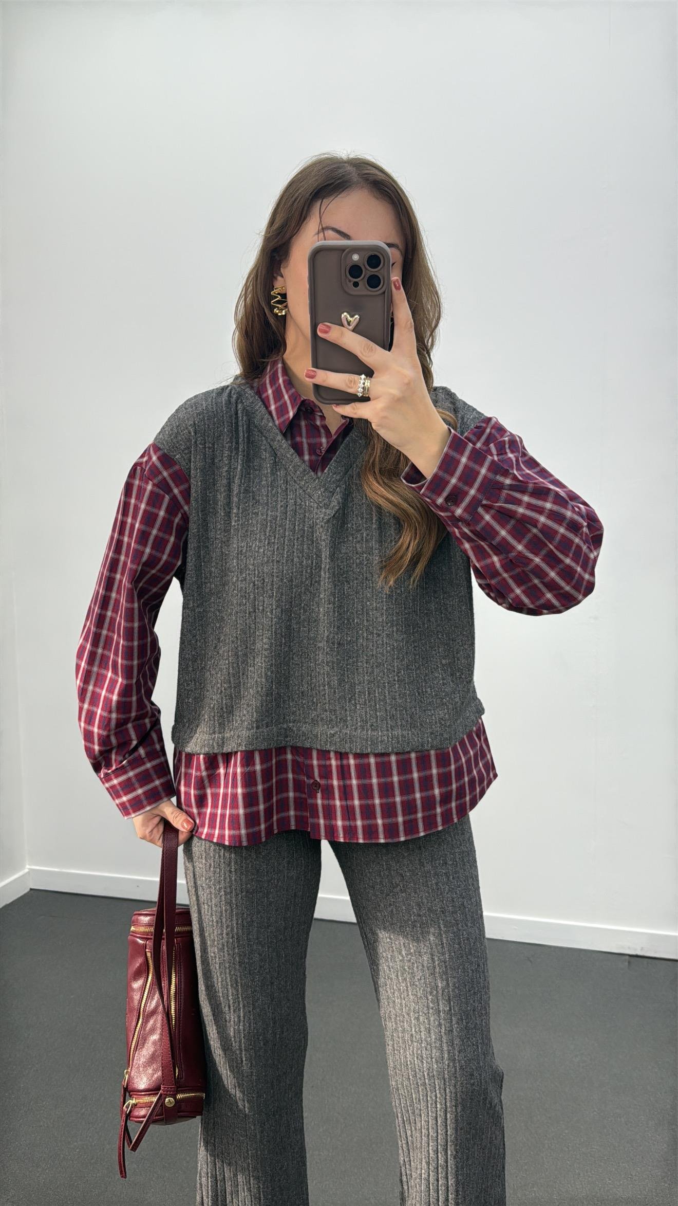 Hamburg Gri Bordo Gömlek Ve Triko Pantolon Takımı