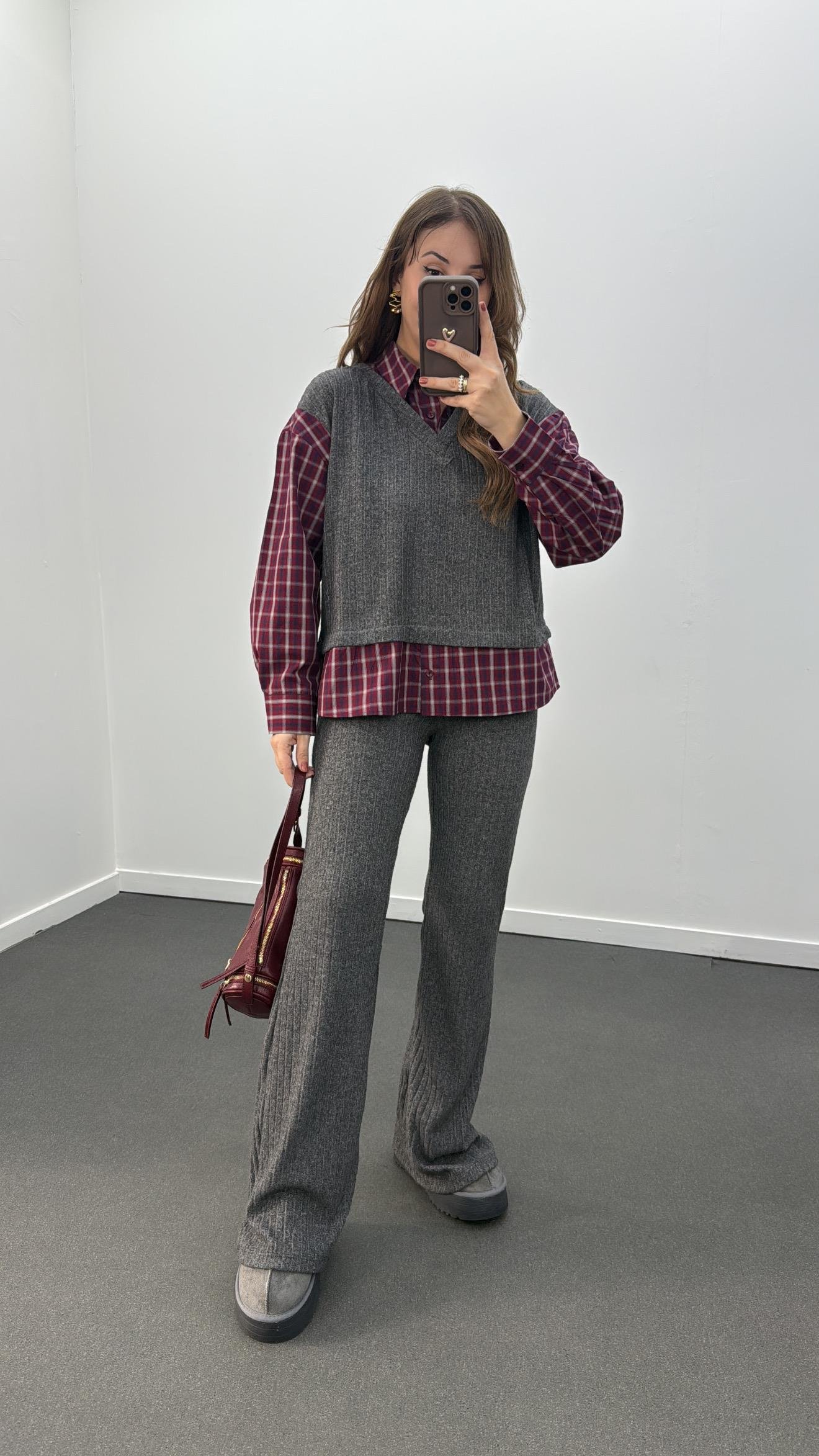 Hamburg Gri Bordo Gömlek Ve Triko Pantolon Takımı