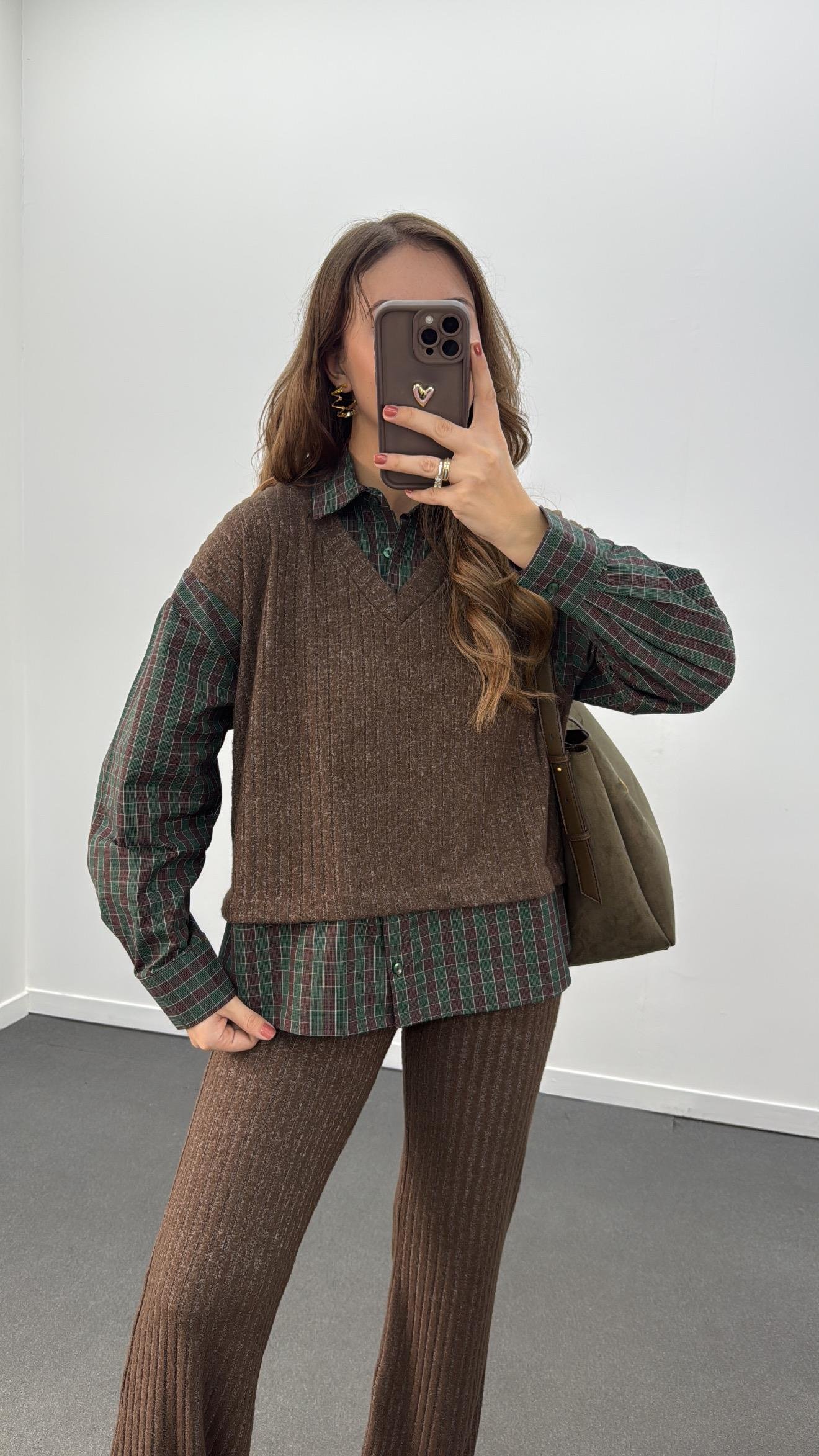 Hamburg Kahve Yeşil Gömlek Ve Triko Pantolon Takımı