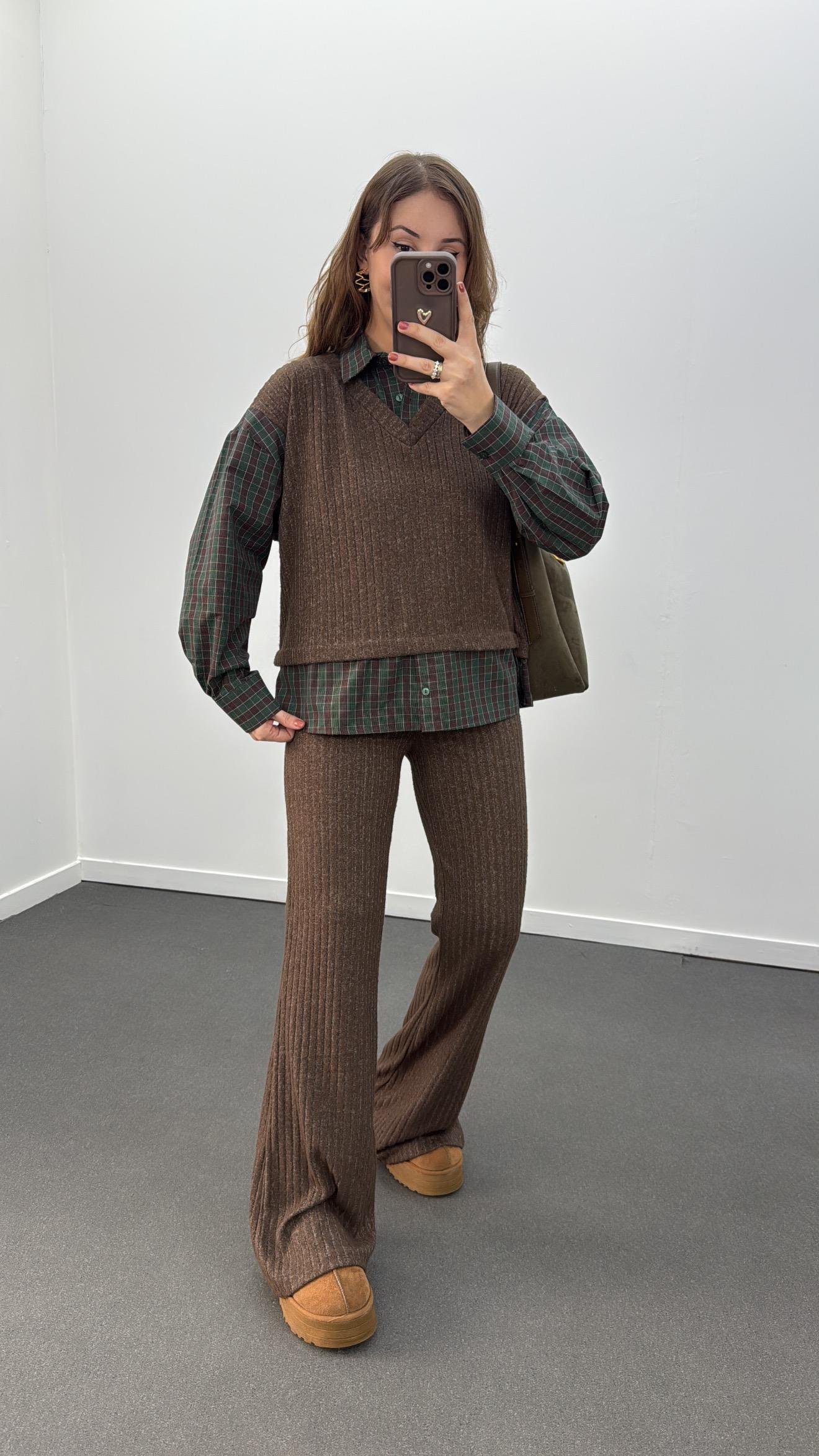 Hamburg Kahve Yeşil Gömlek Ve Triko Pantolon Takımı