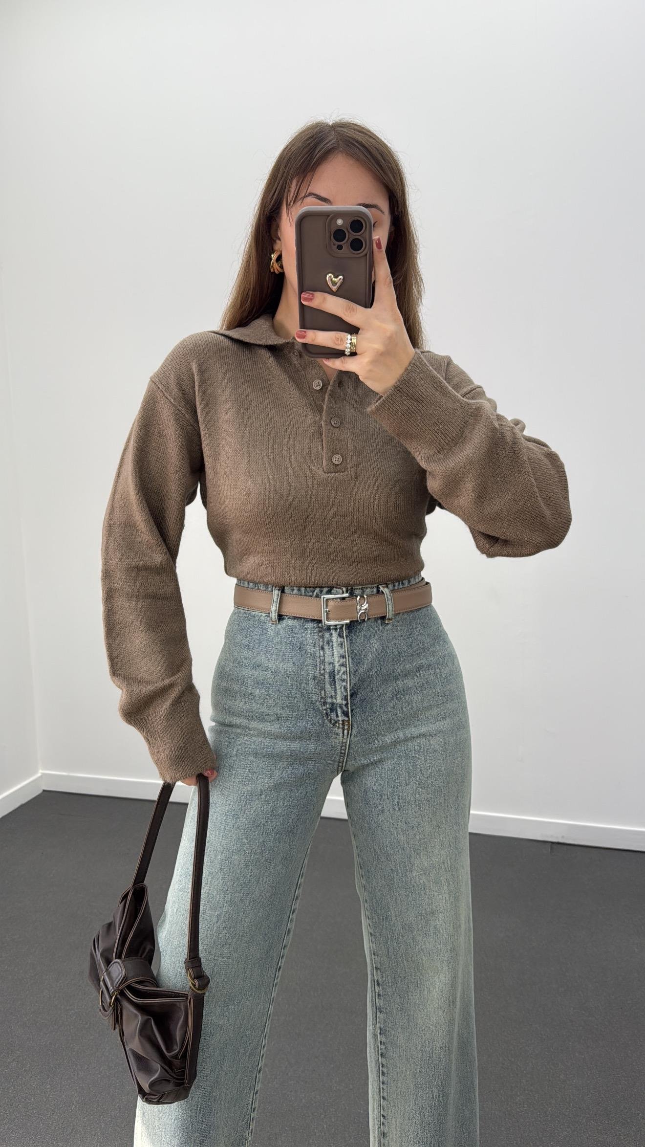 Hana Kahve Geniş Şal Yaka Triko