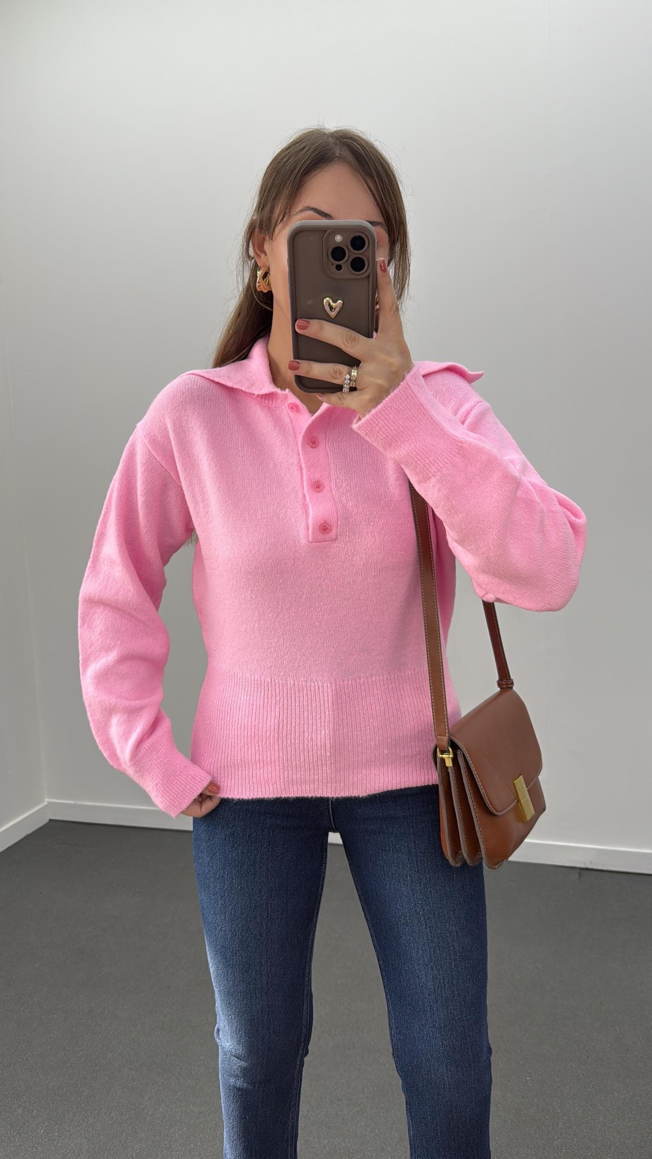 Hana Pembe Geniş Şal Yaka Triko