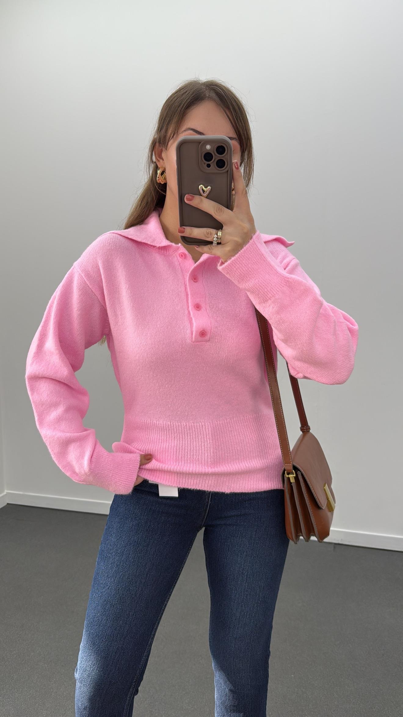 Hana Pembe Geniş Şal Yaka Triko