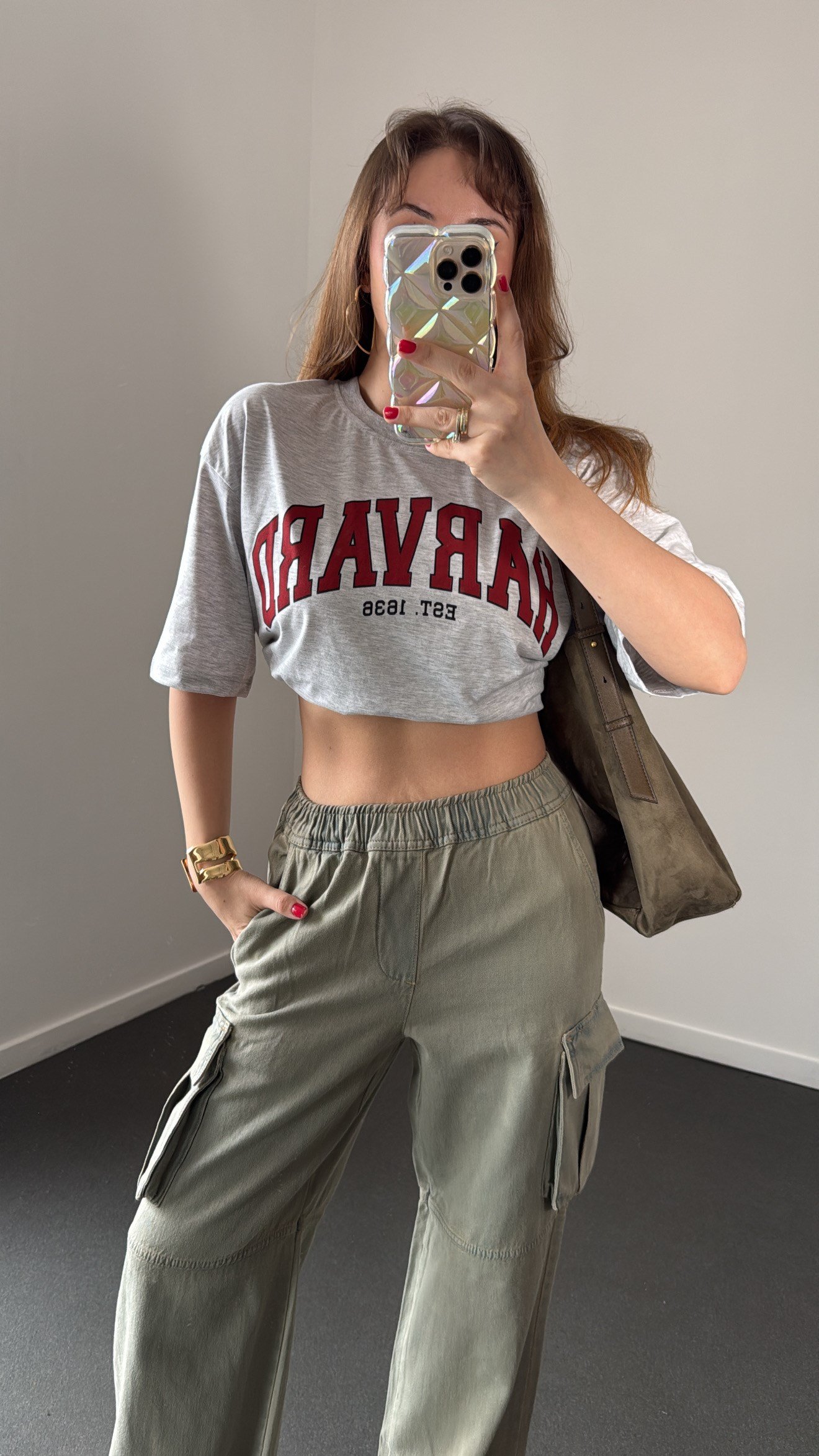 Harvard Bordo Yazılı Gri Oversıze Tshirt