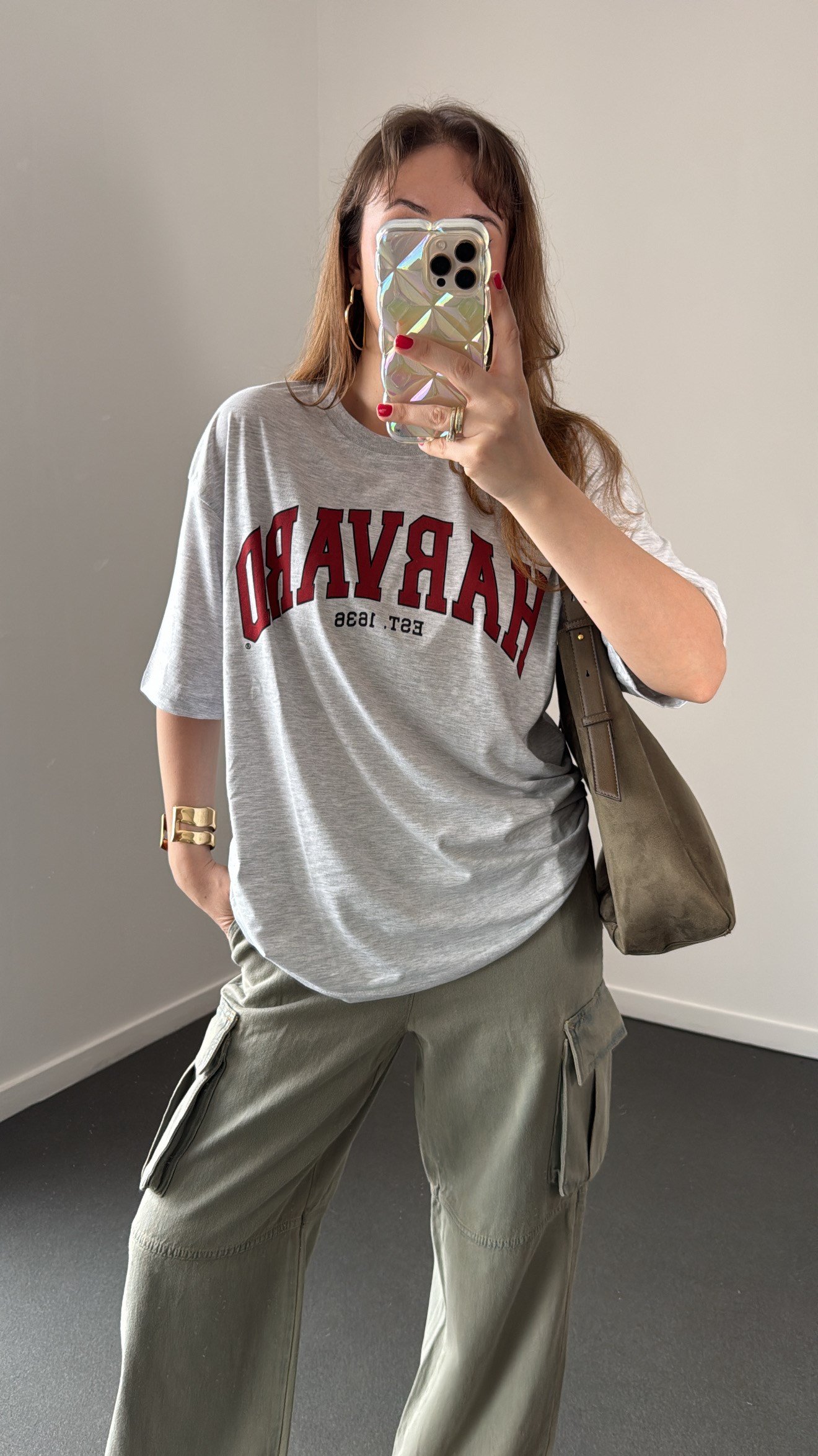 Harvard Bordo Yazılı Gri Oversıze Tshirt