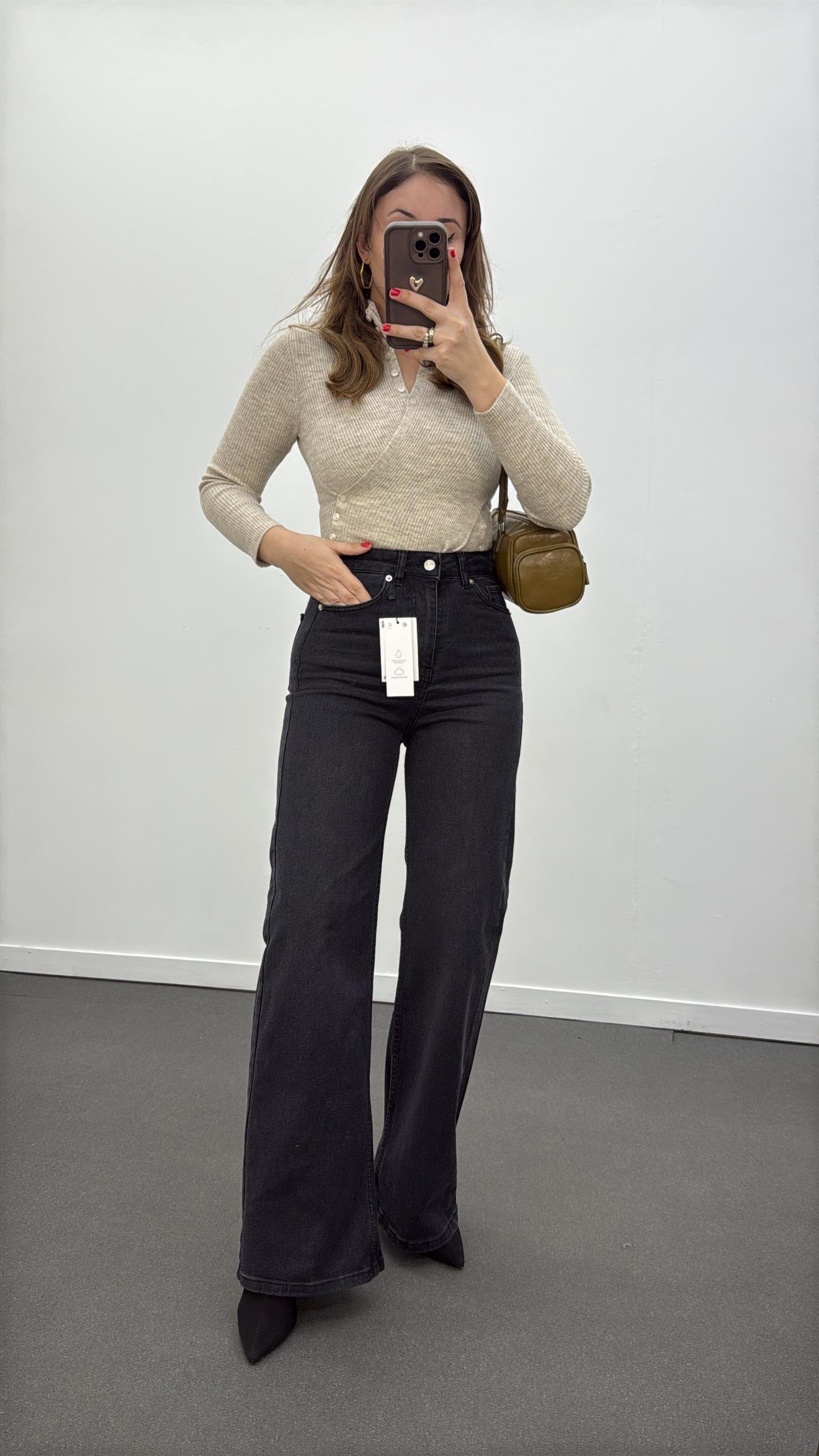 Helsinki Antrasit Yıkamalı Wide Leg Jeans