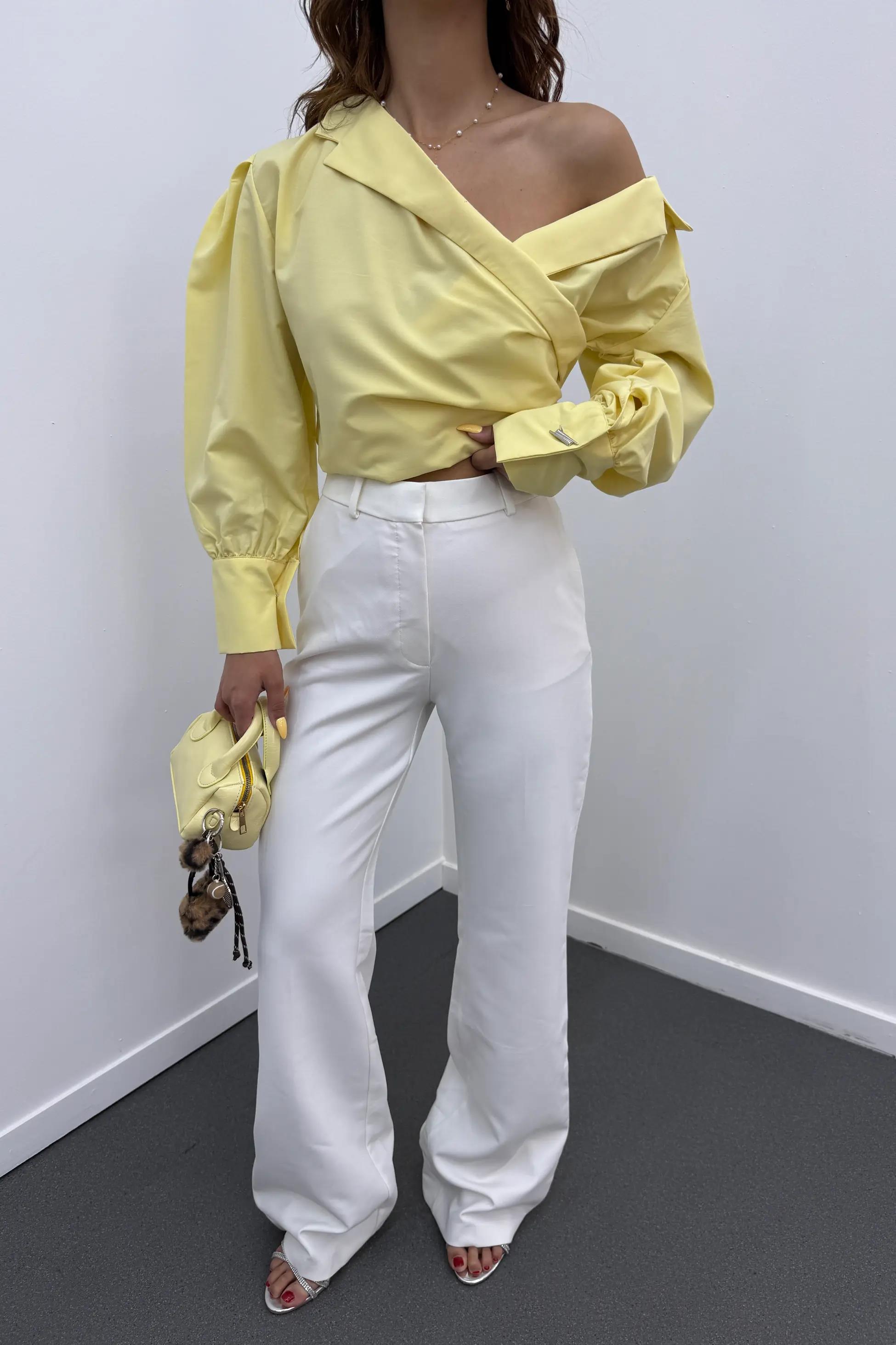 Hena Beyaz Yüksek Bel İspanyol Pantolon