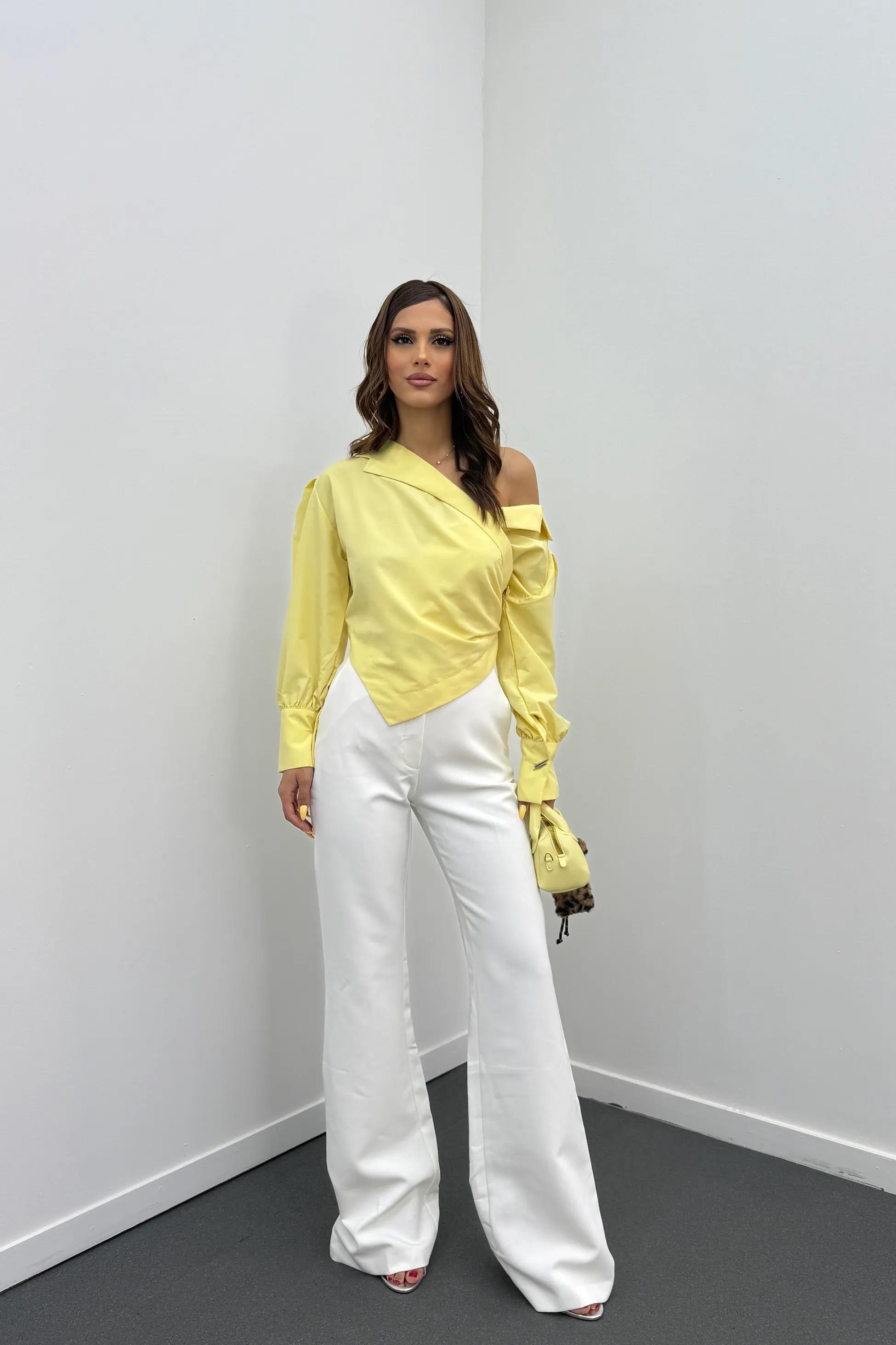 Hena Beyaz Yüksek Bel İspanyol Pantolon