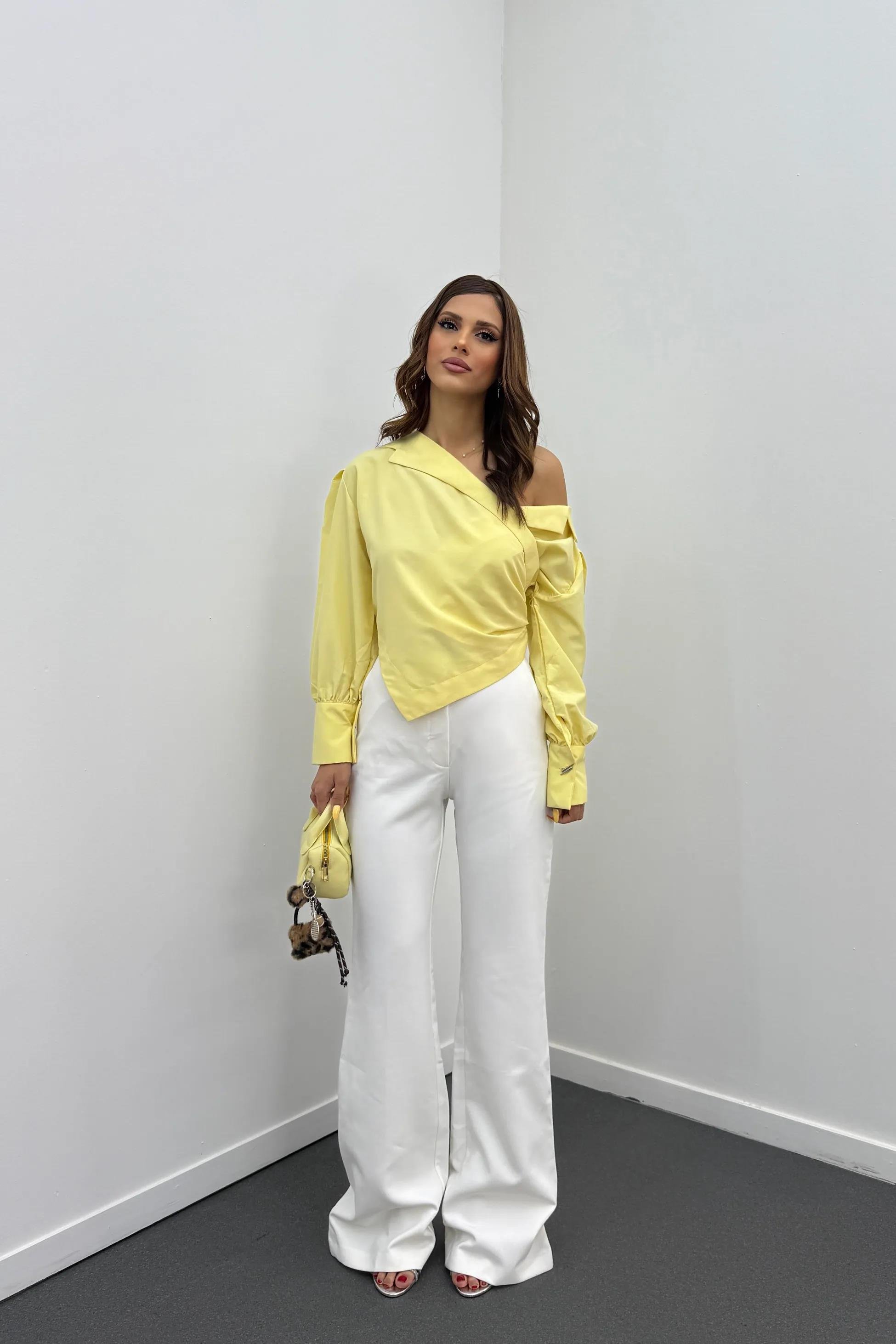 Hena Beyaz Yüksek Bel İspanyol Pantolon