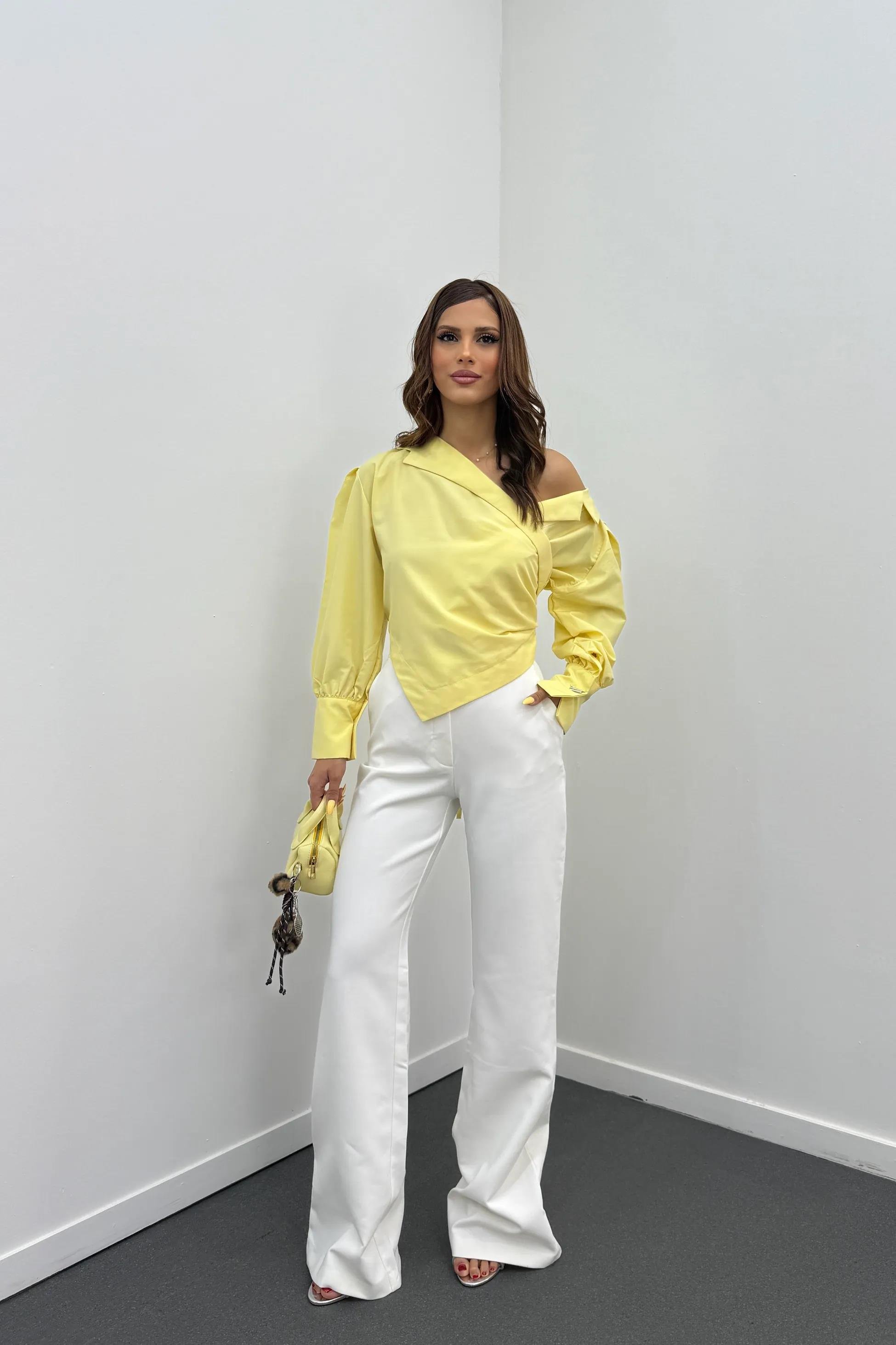 Hena Beyaz Yüksek Bel İspanyol Pantolon