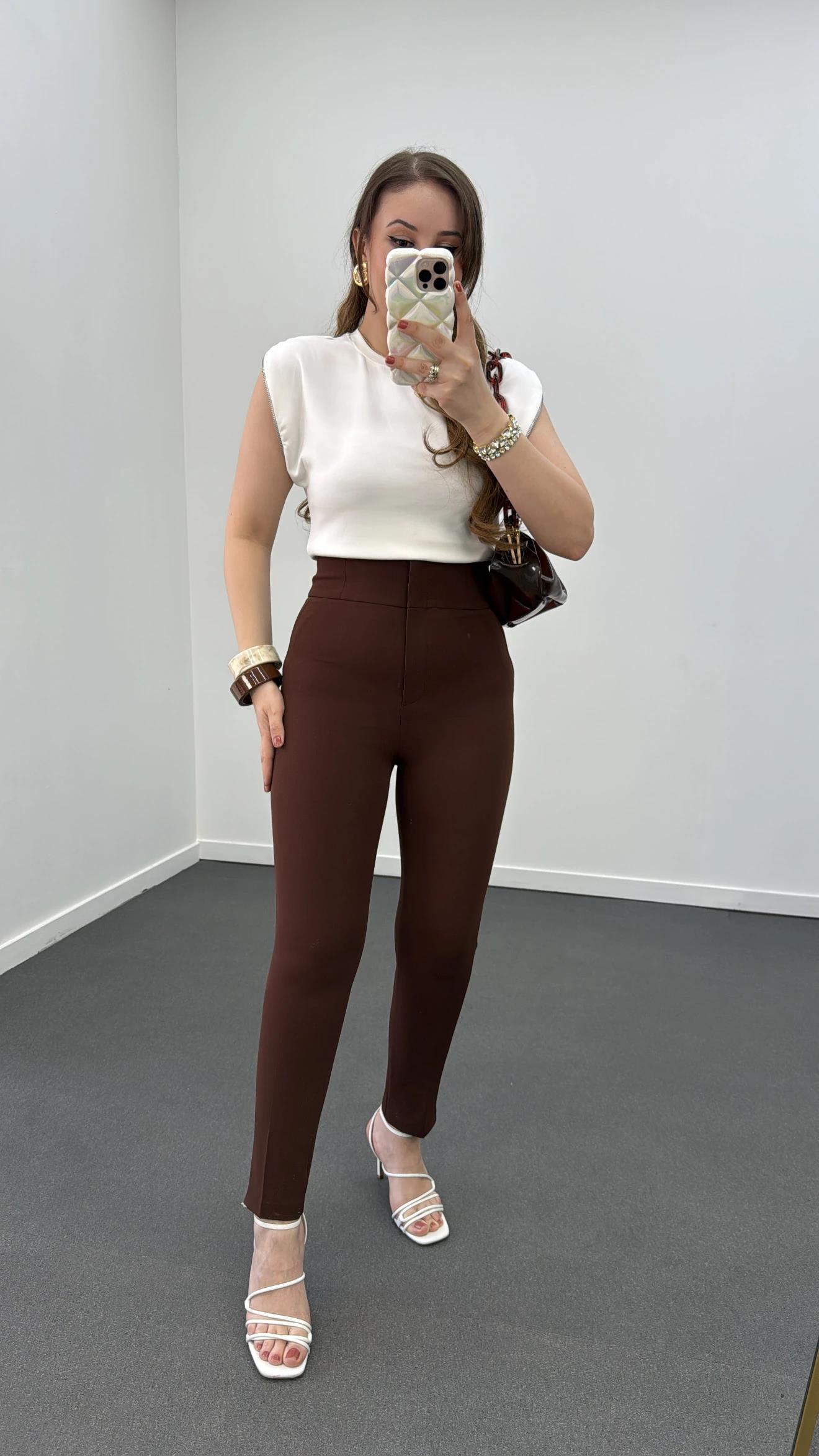 Hester Kahve Süper Yüksek Bel Toparlayıcı Slim Kumaş Pantolon