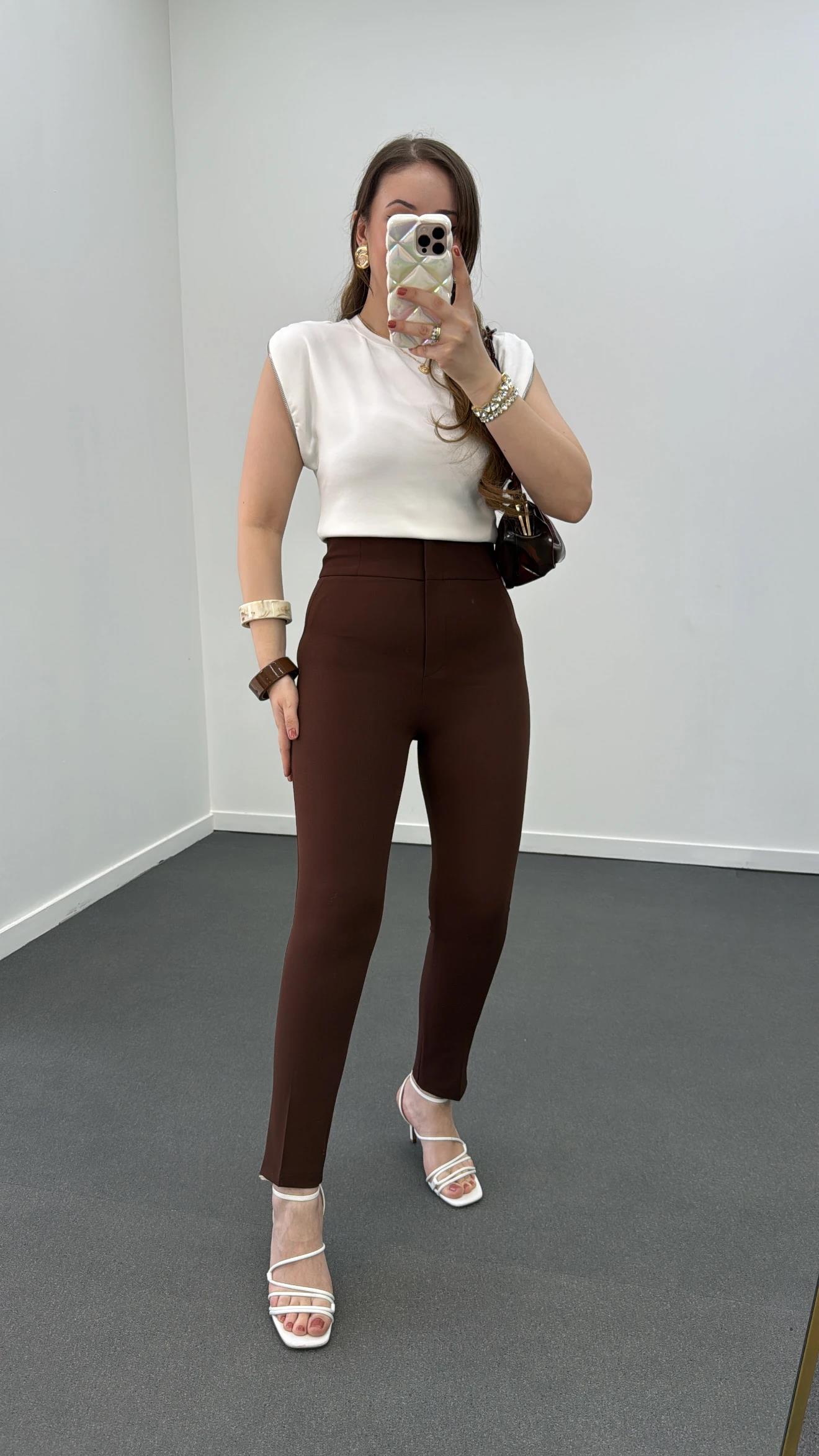 Hester Kahve Süper Yüksek Bel Toparlayıcı Slim Kumaş Pantolon