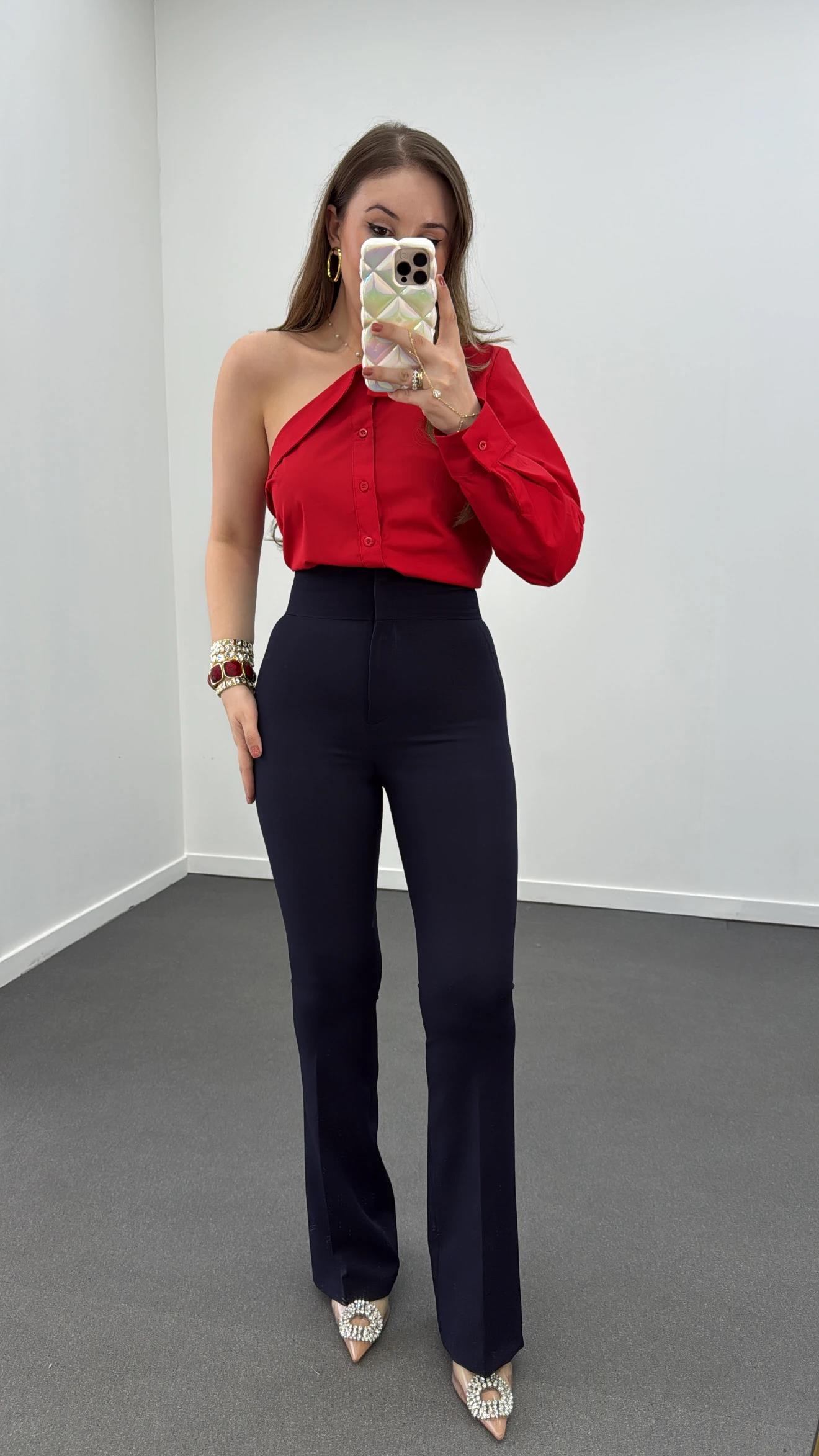 Hester Lacivert Süper Yüksek Bel Toparlayıcı Flare Kumaş Pantolon