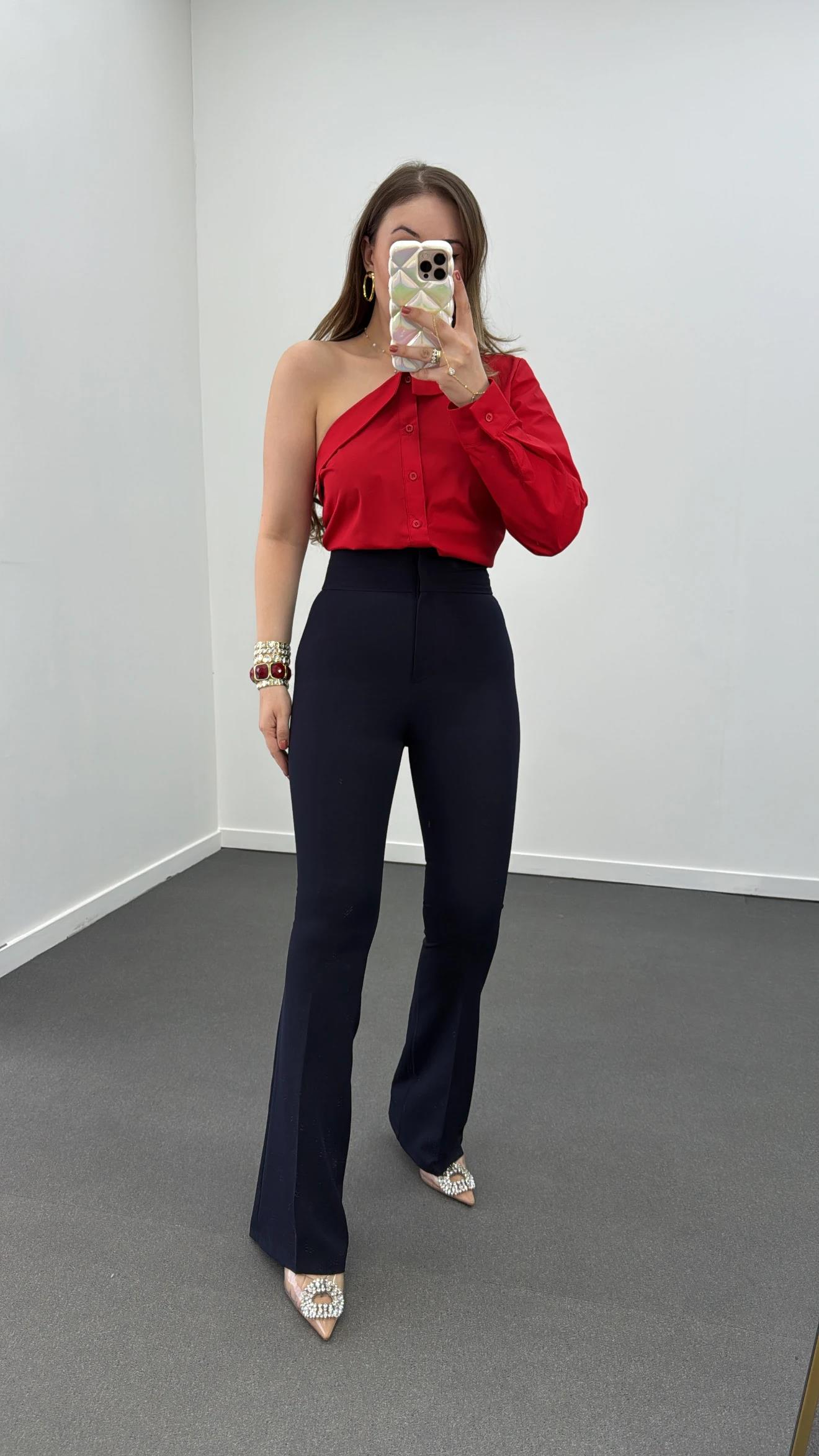 Hester Lacivert Süper Yüksek Bel Toparlayıcı Flare Kumaş Pantolon