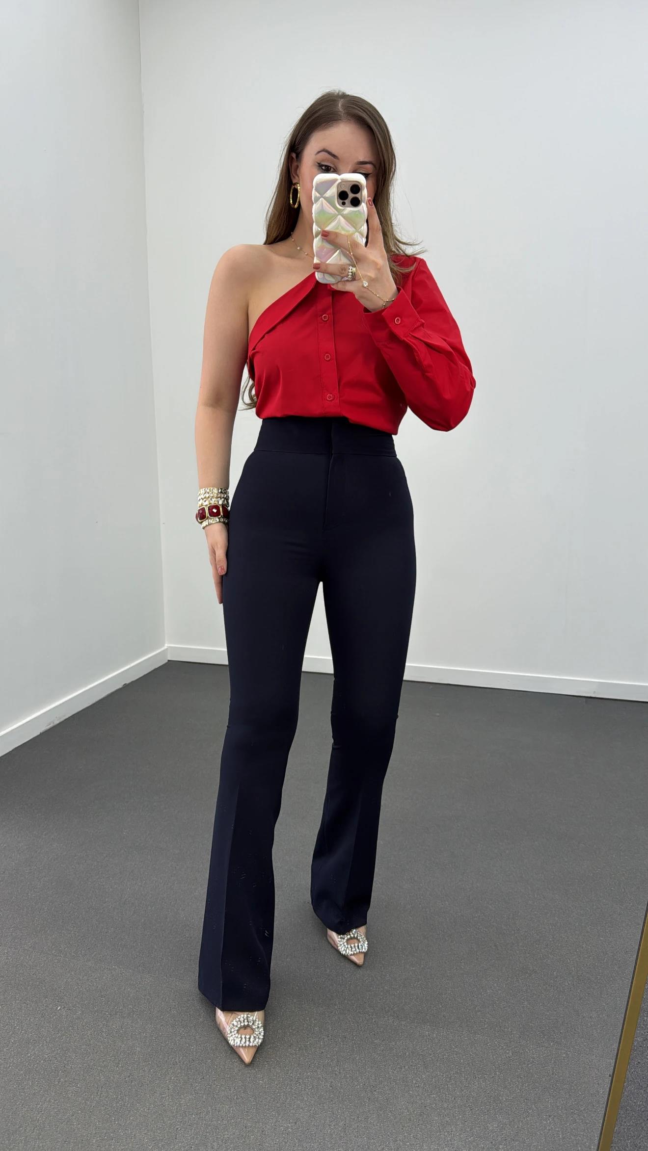 Hester Lacivert Süper Yüksek Bel Toparlayıcı Flare Kumaş Pantolon