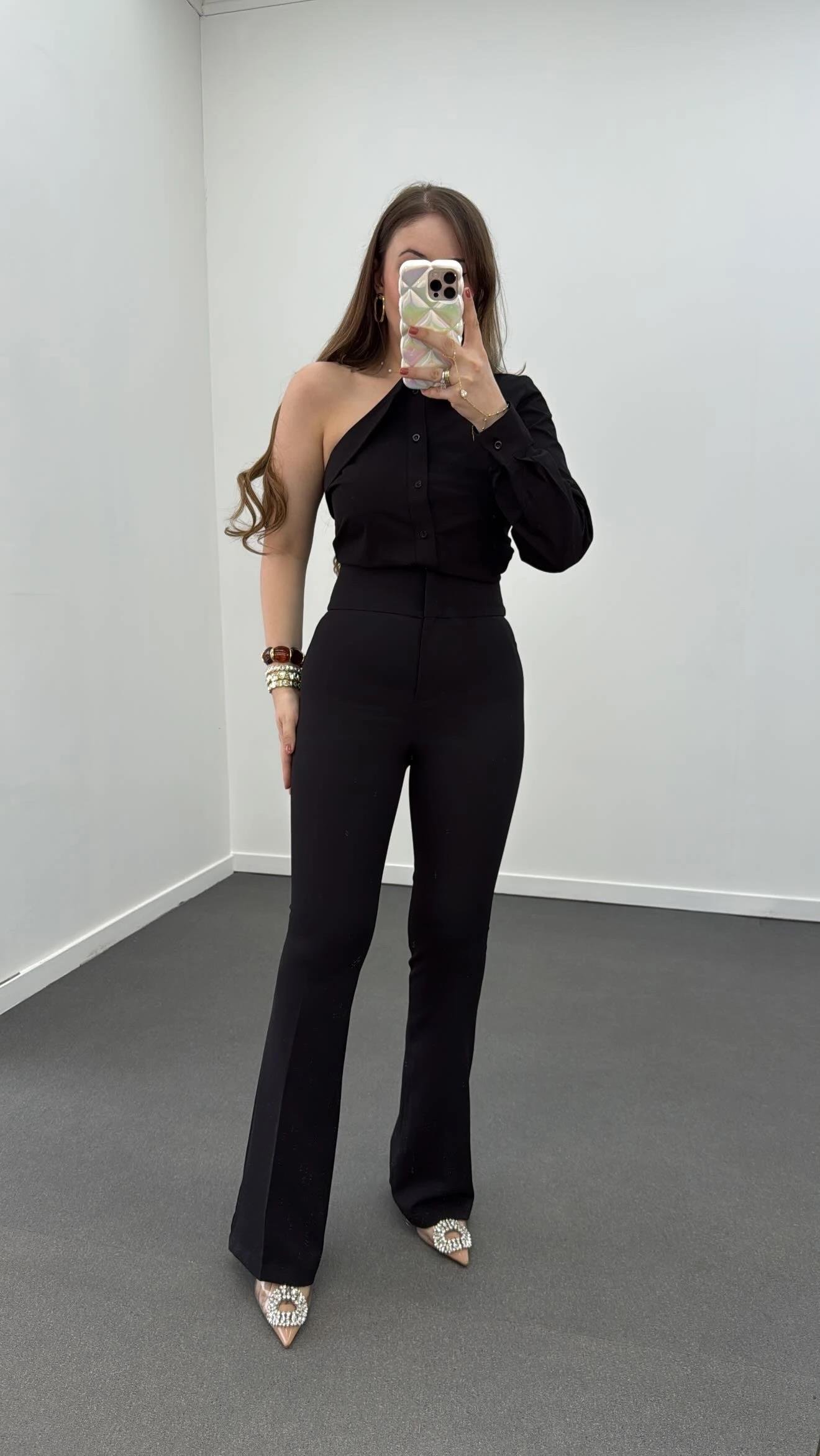 Hester Siyah Süper Yüksek Bel Toparlayıcı Flare Kumaş Pantolon