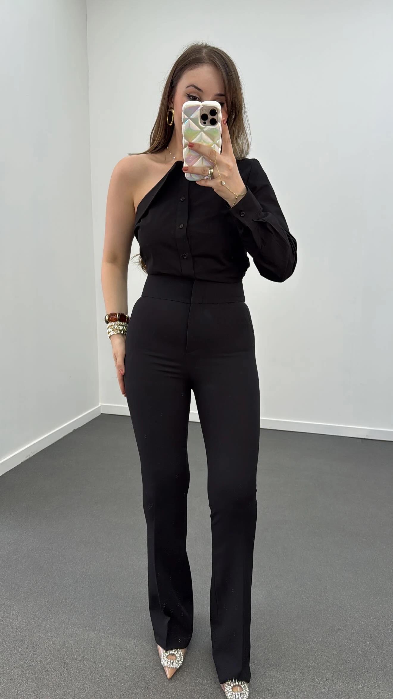 Hester Siyah Süper Yüksek Bel Toparlayıcı Flare Kumaş Pantolon