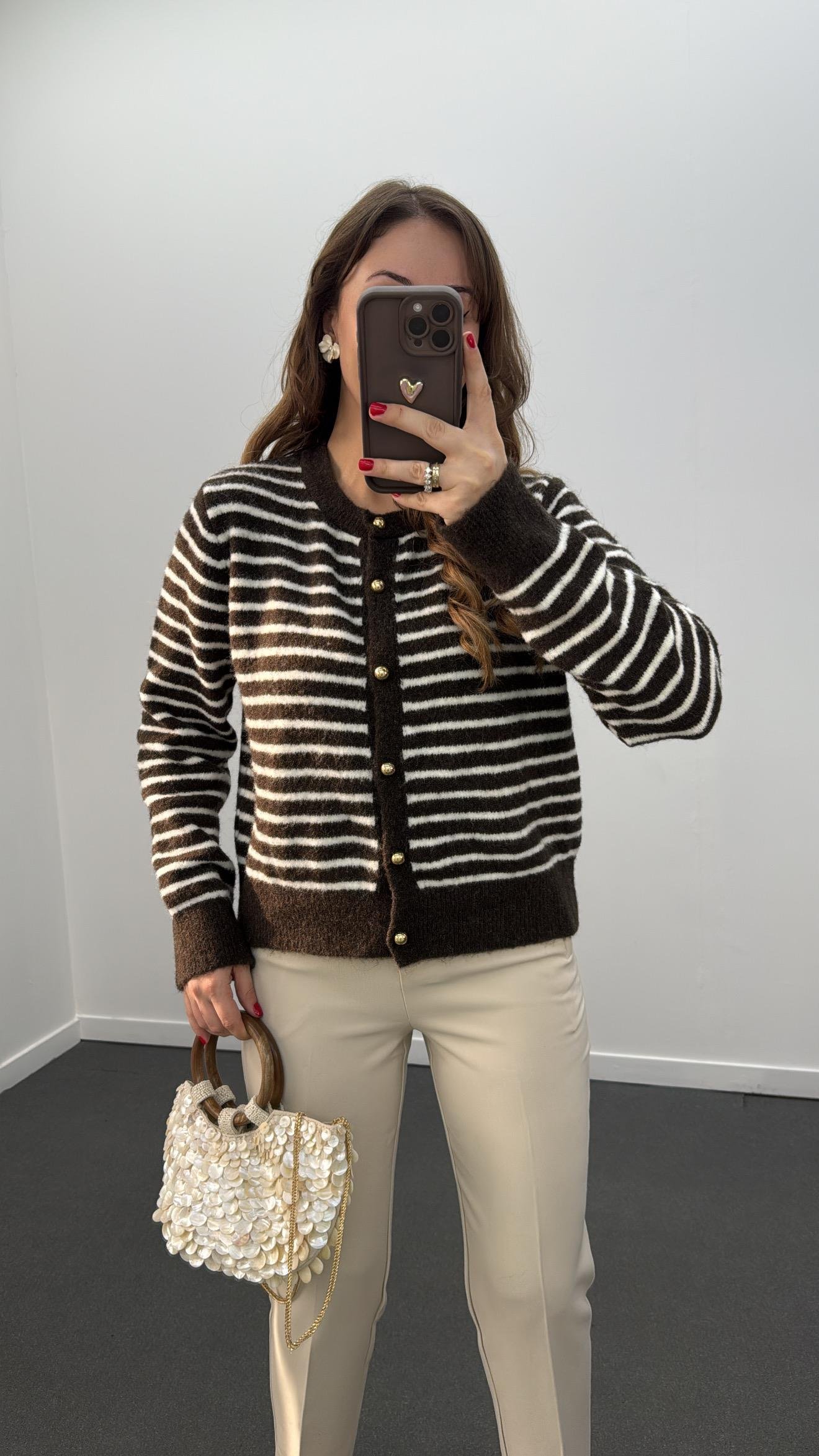 Hilary Kahve Beyaz Çizgili Premium Triko HIrka