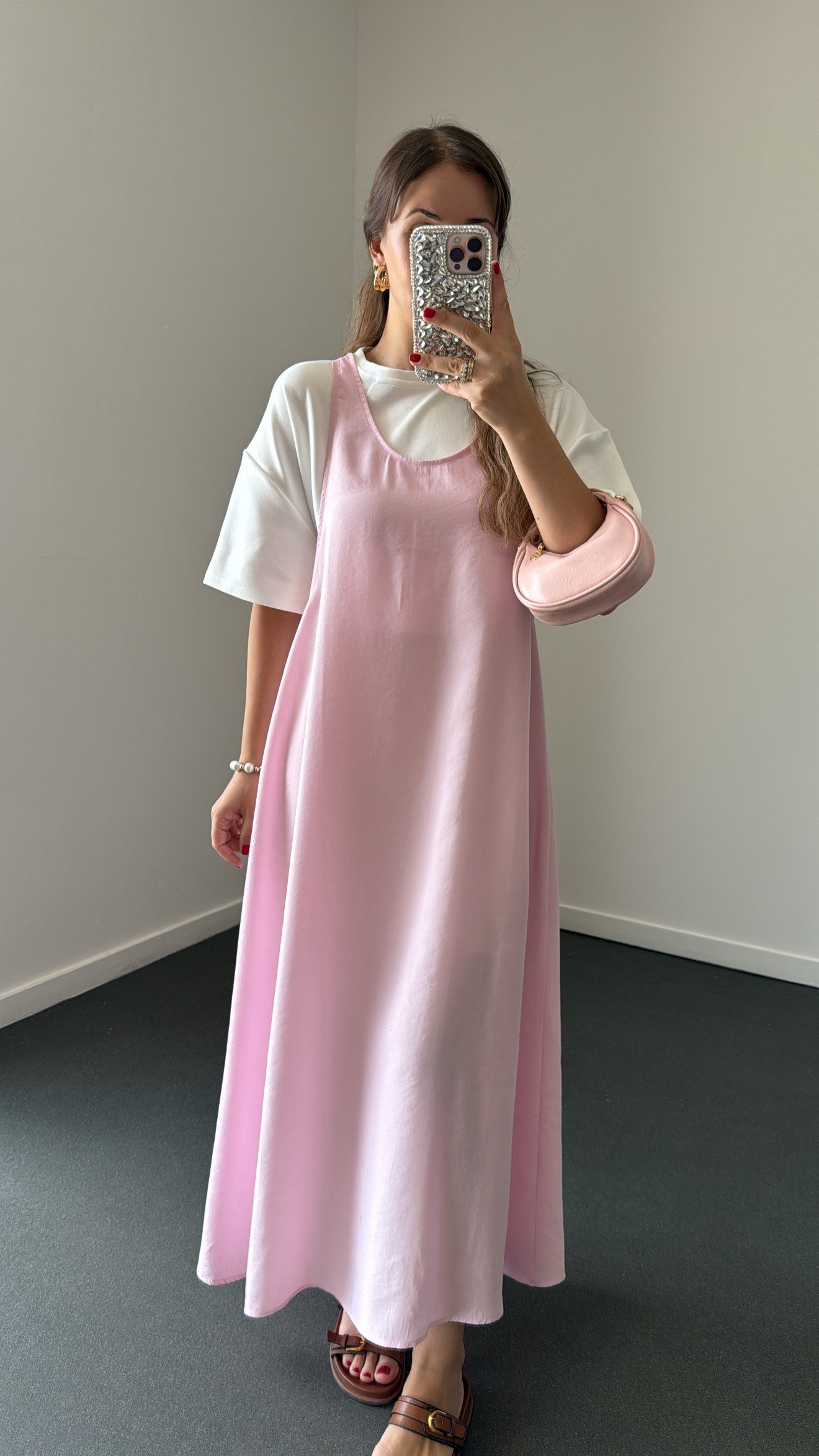 Himari Pembe Tshirt Ve Askılı Modal Elbise Takımı
