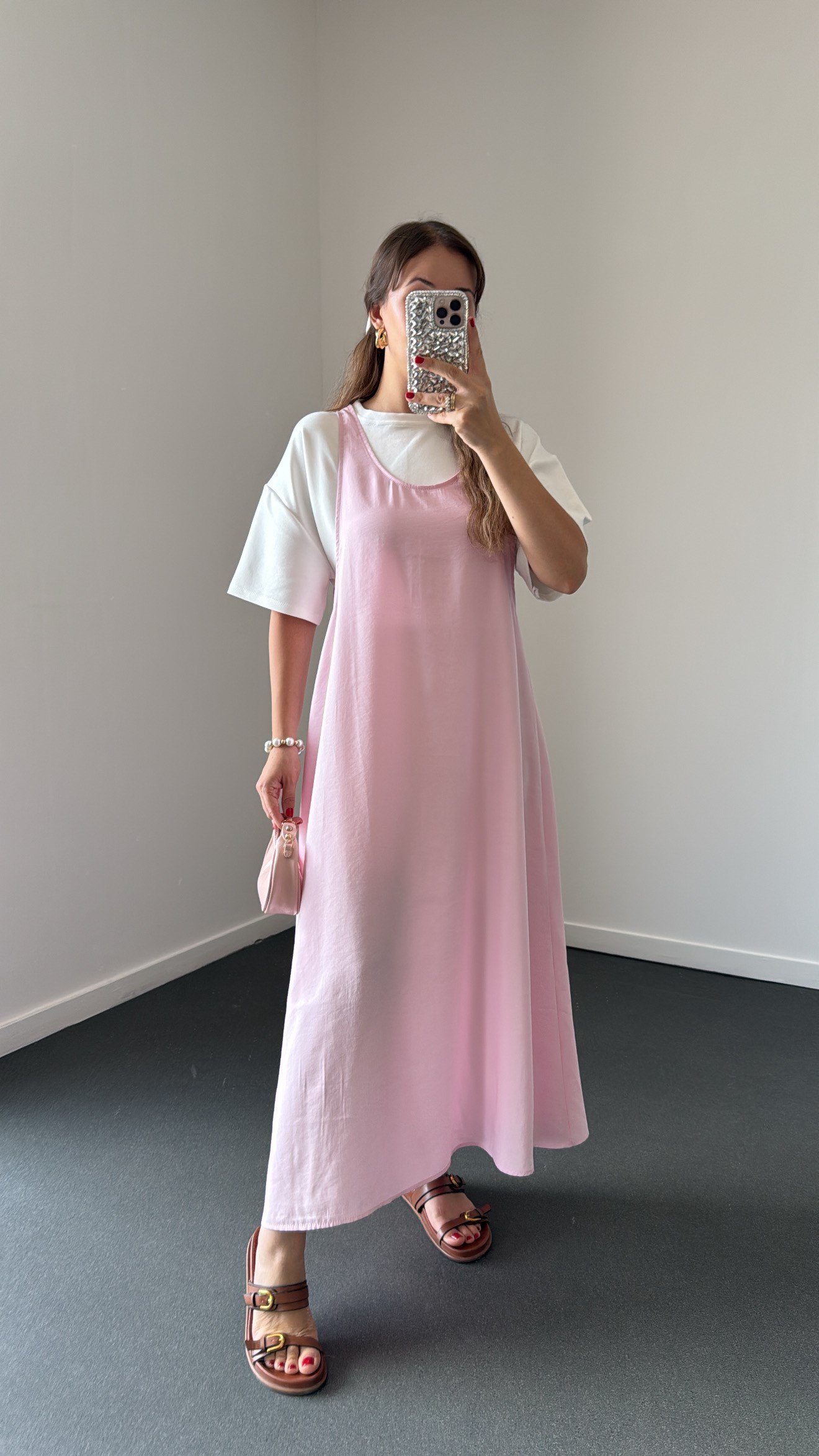 Himari Pembe Tshirt Ve Askılı Modal Elbise Takımı
