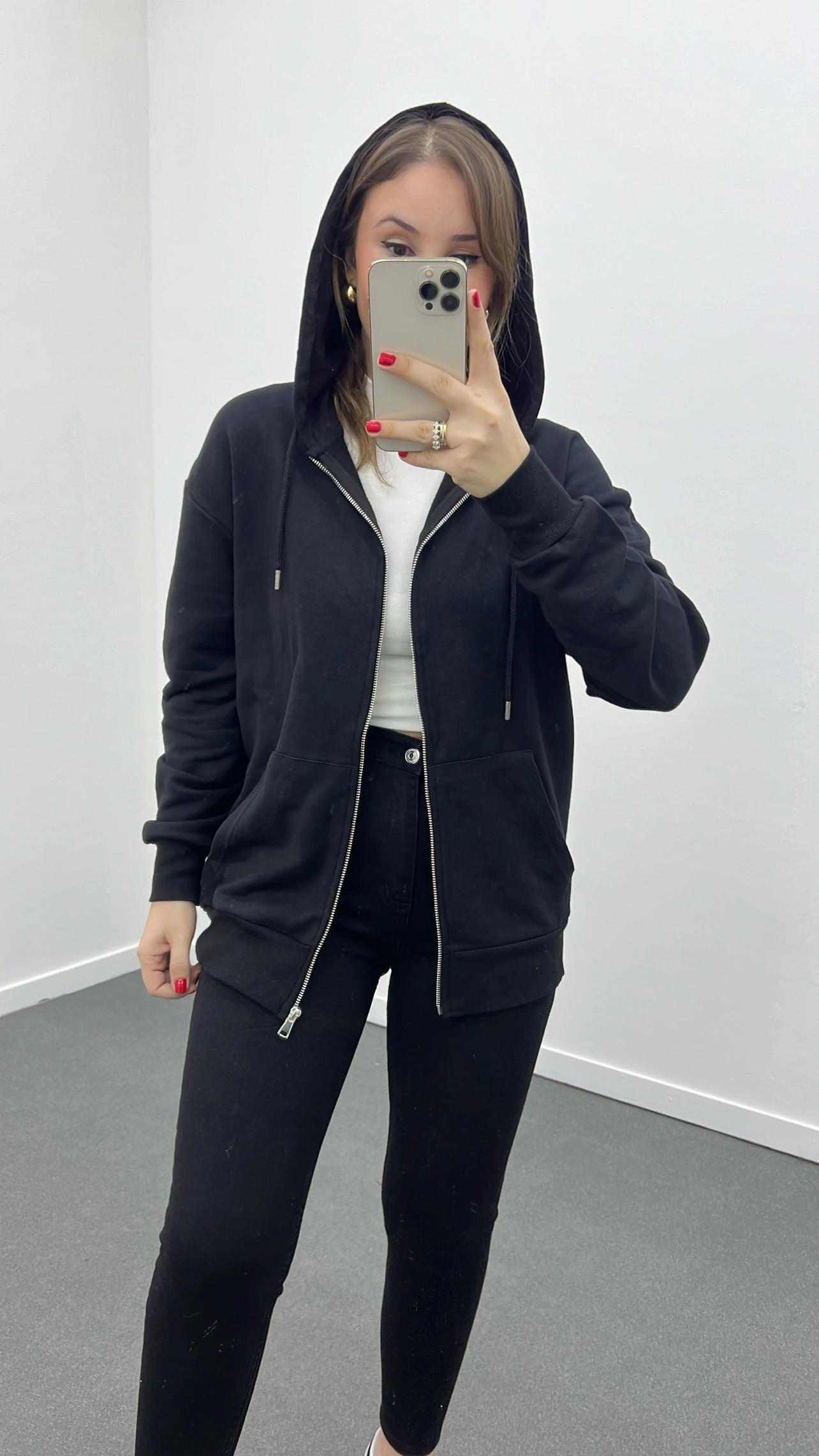 HM Siyah Kapüşonlu Fermuarlı Sweatshirt Hırka