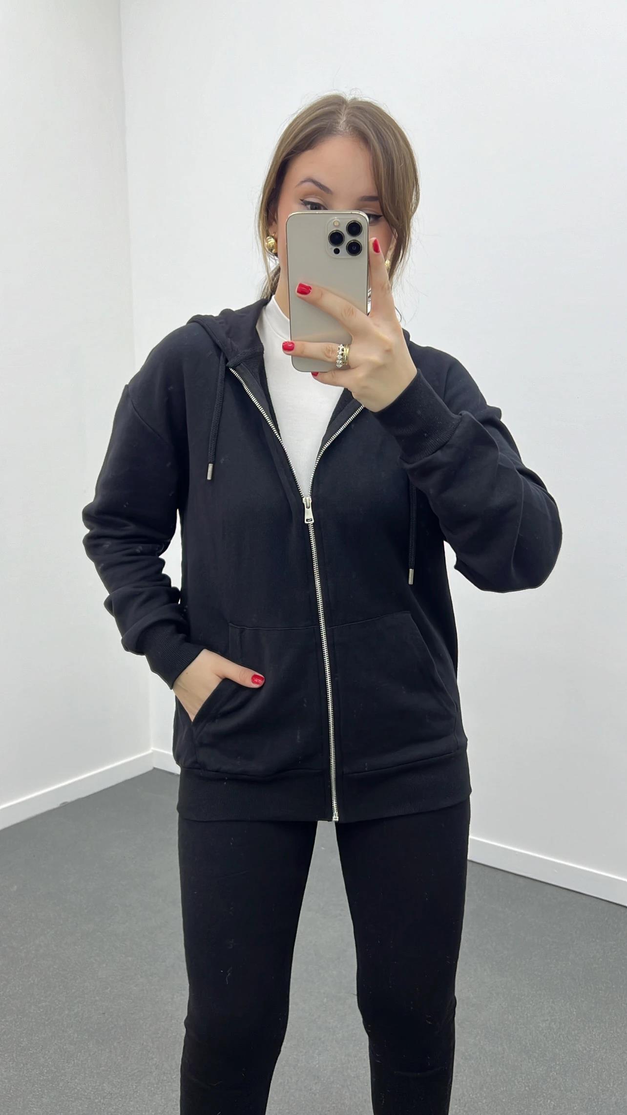 HM Siyah Kapüşonlu Fermuarlı Sweatshirt Hırka